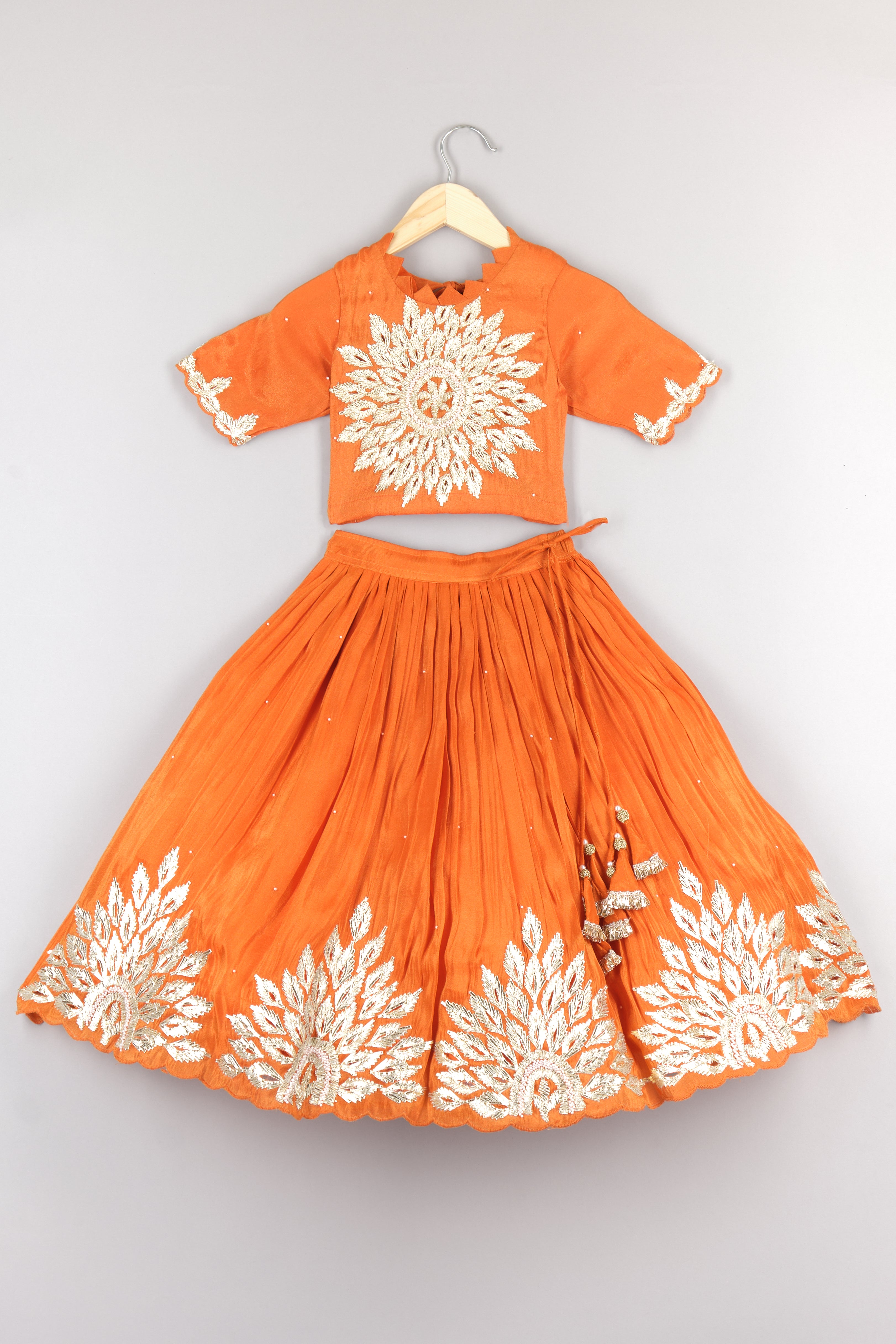 Orange Gota Embroidered Yoke Top And Scalloped Hem Lehenga