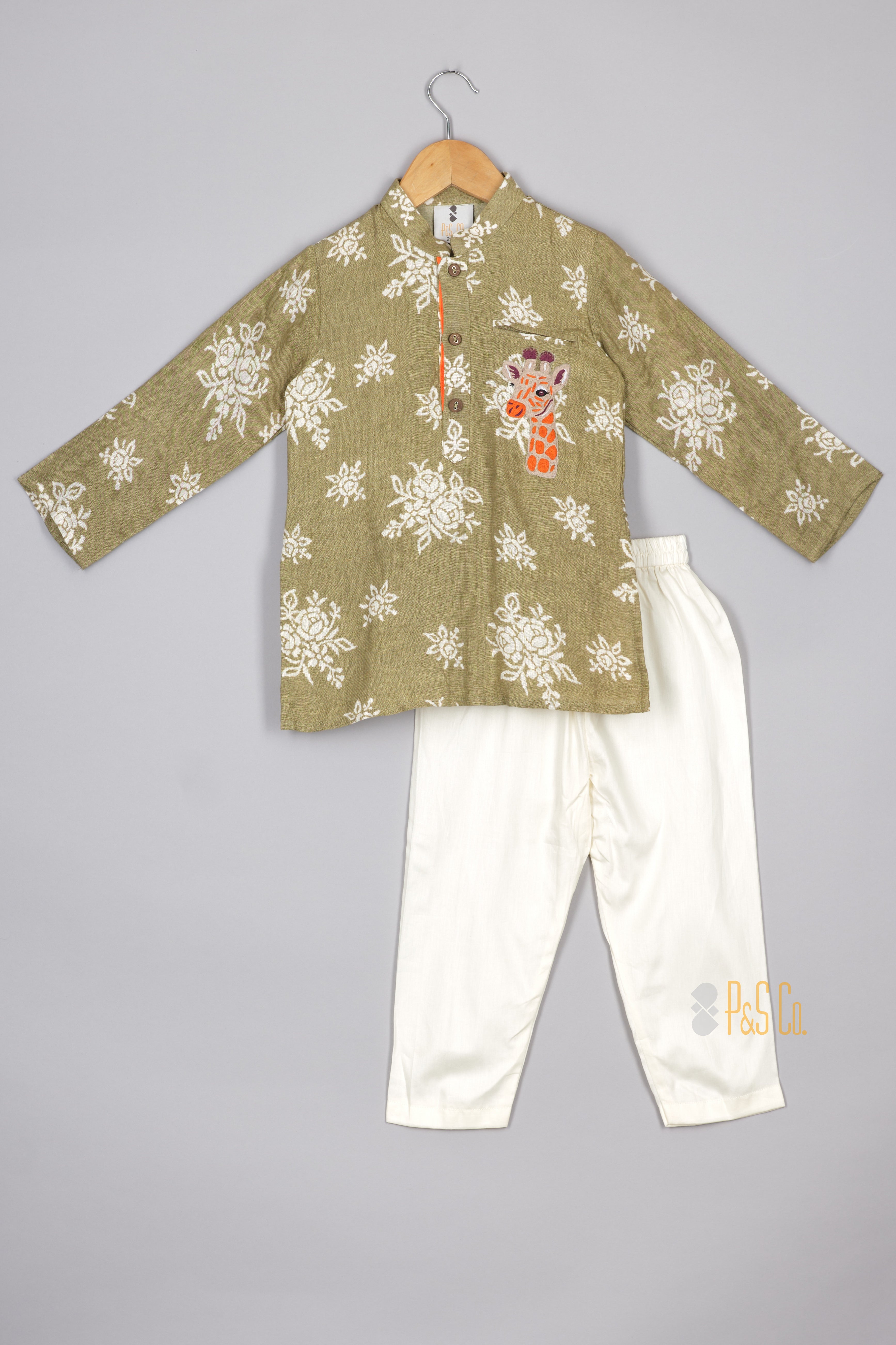 Green Floral Linen Kurta and Pant