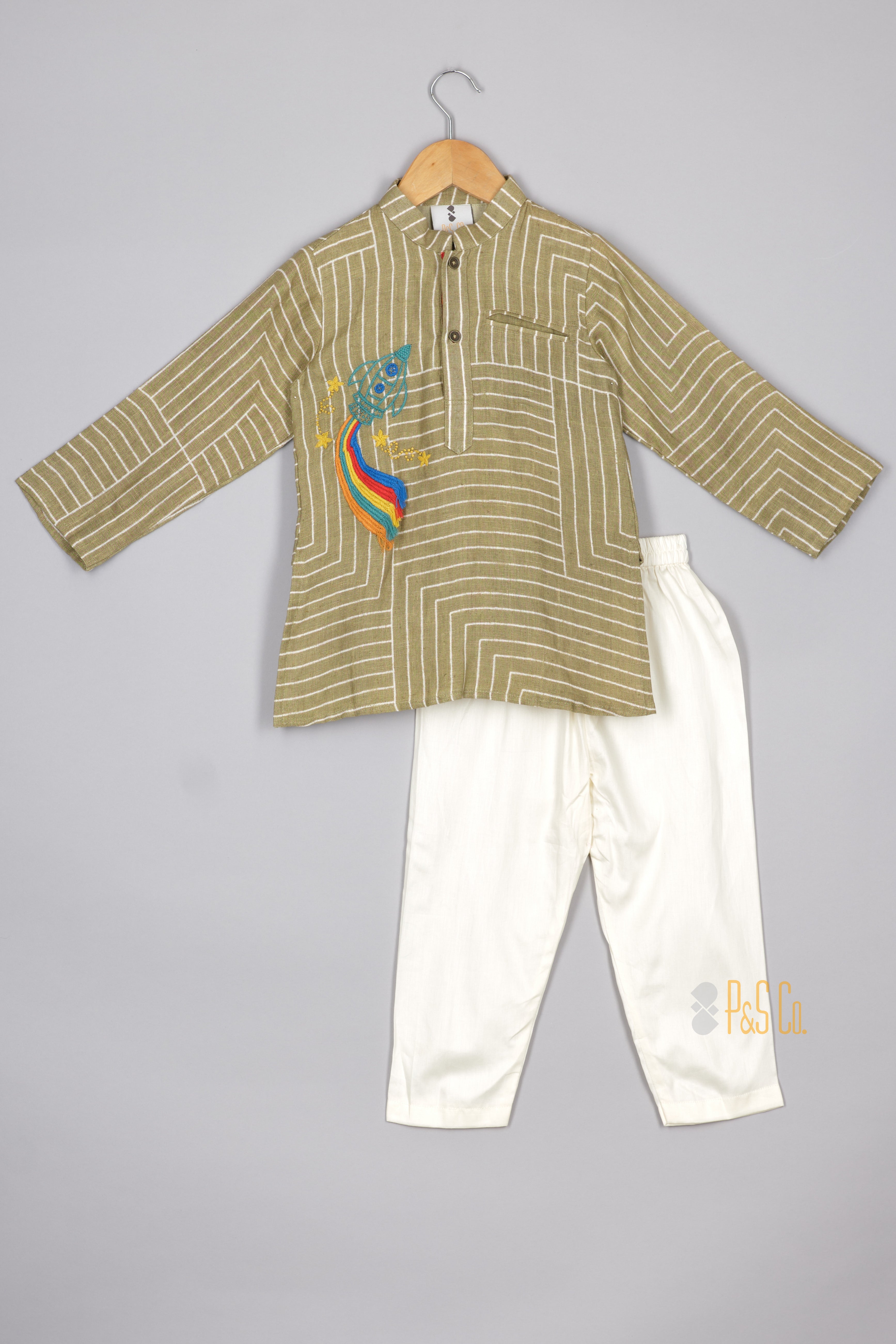 Green Rocket Embroidered Linen Kurta and Pant