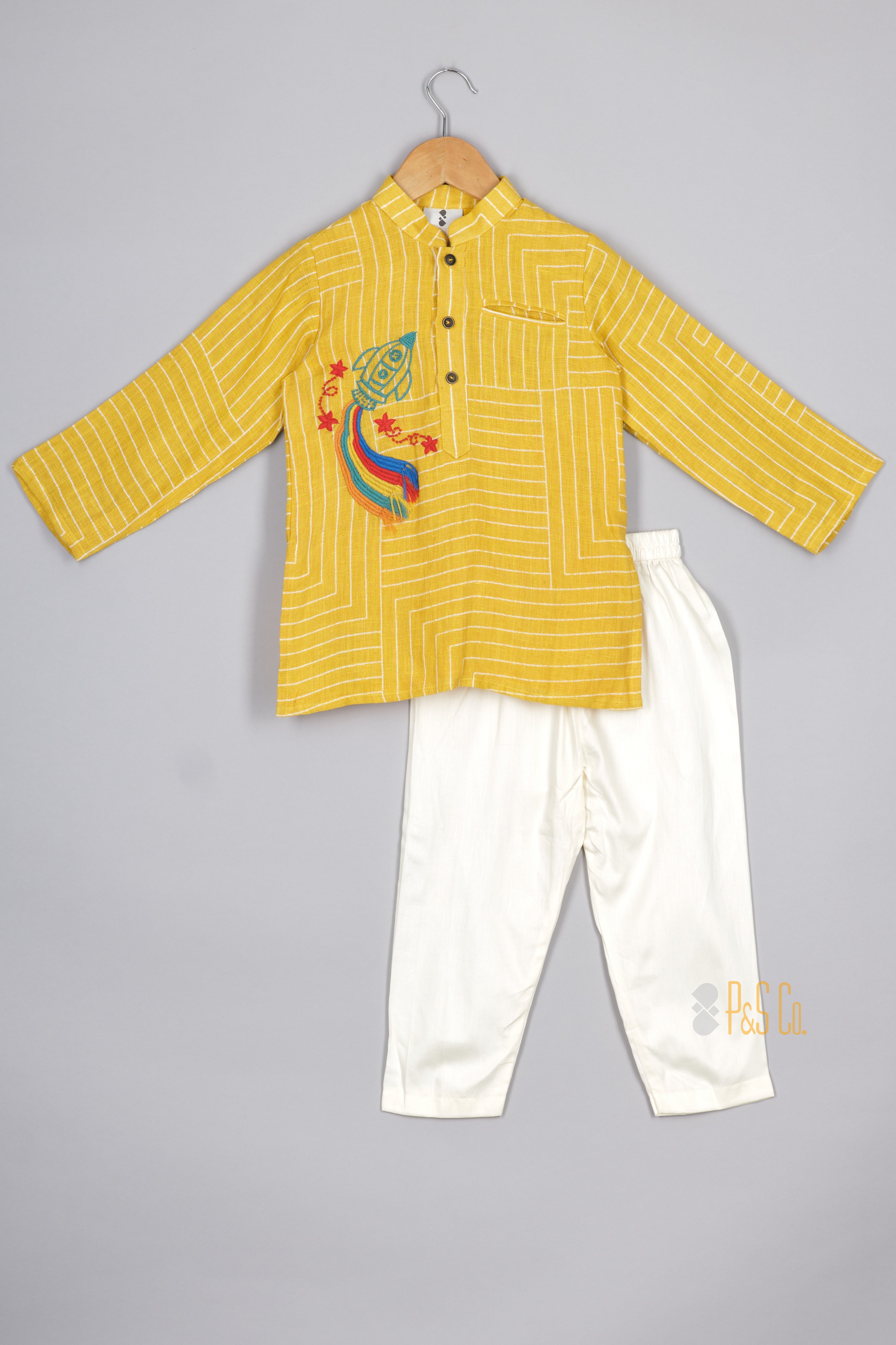 Yellow Linen Rocket Embroidered Kurta and Pant