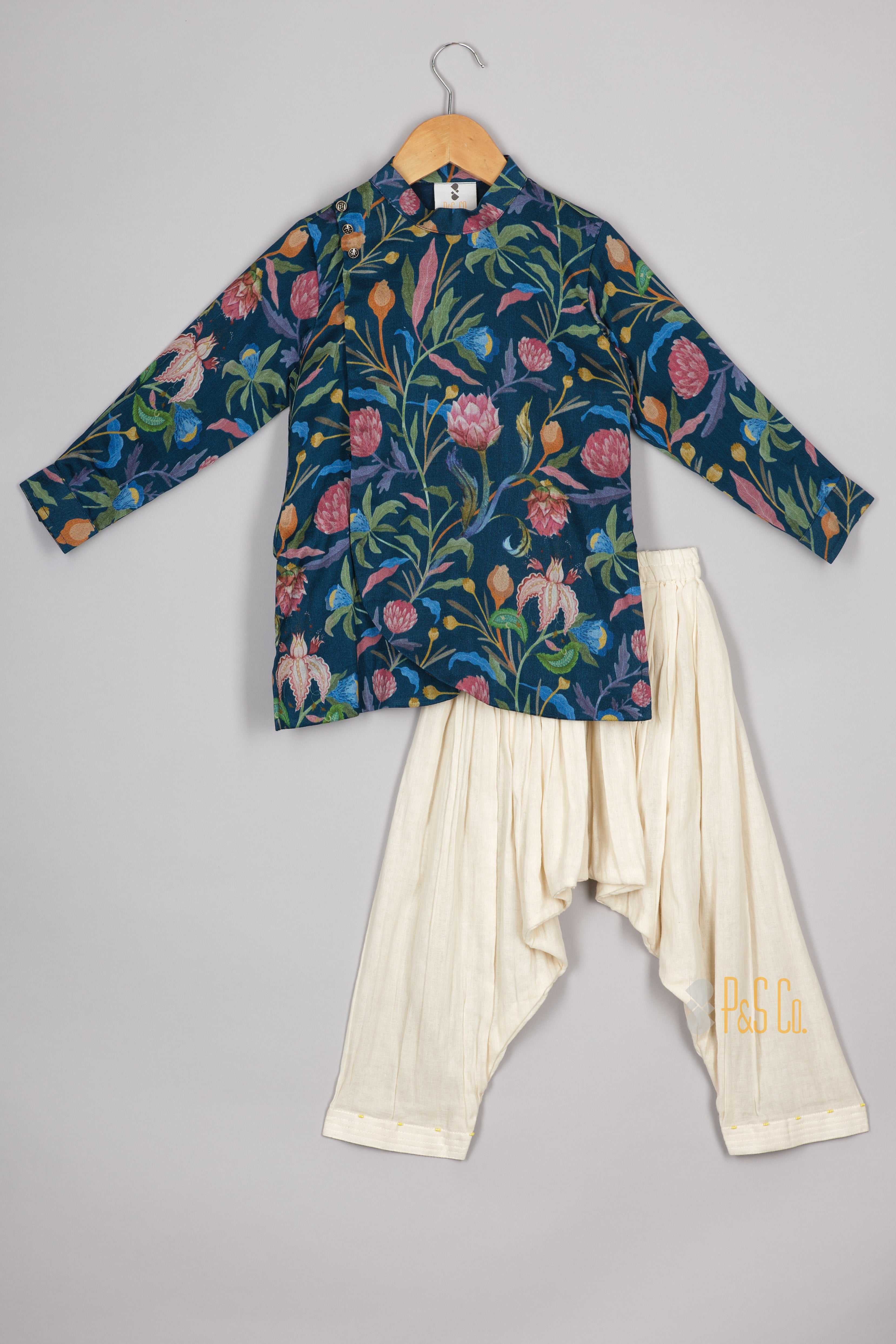 Navy Blue Floral Printed Kurta Patiala