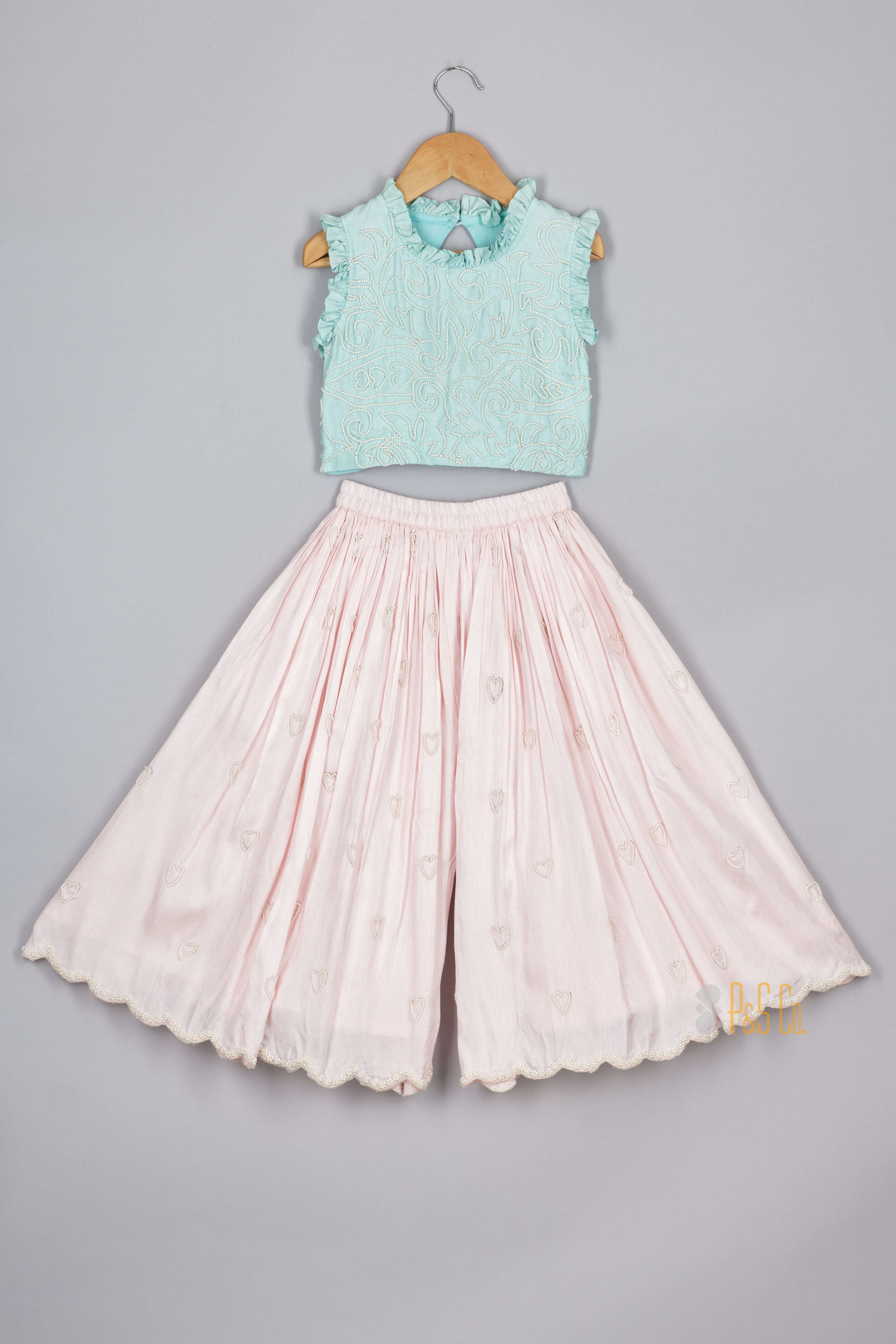 Pearl Embroidered Mint Top And Pink Flare Pant