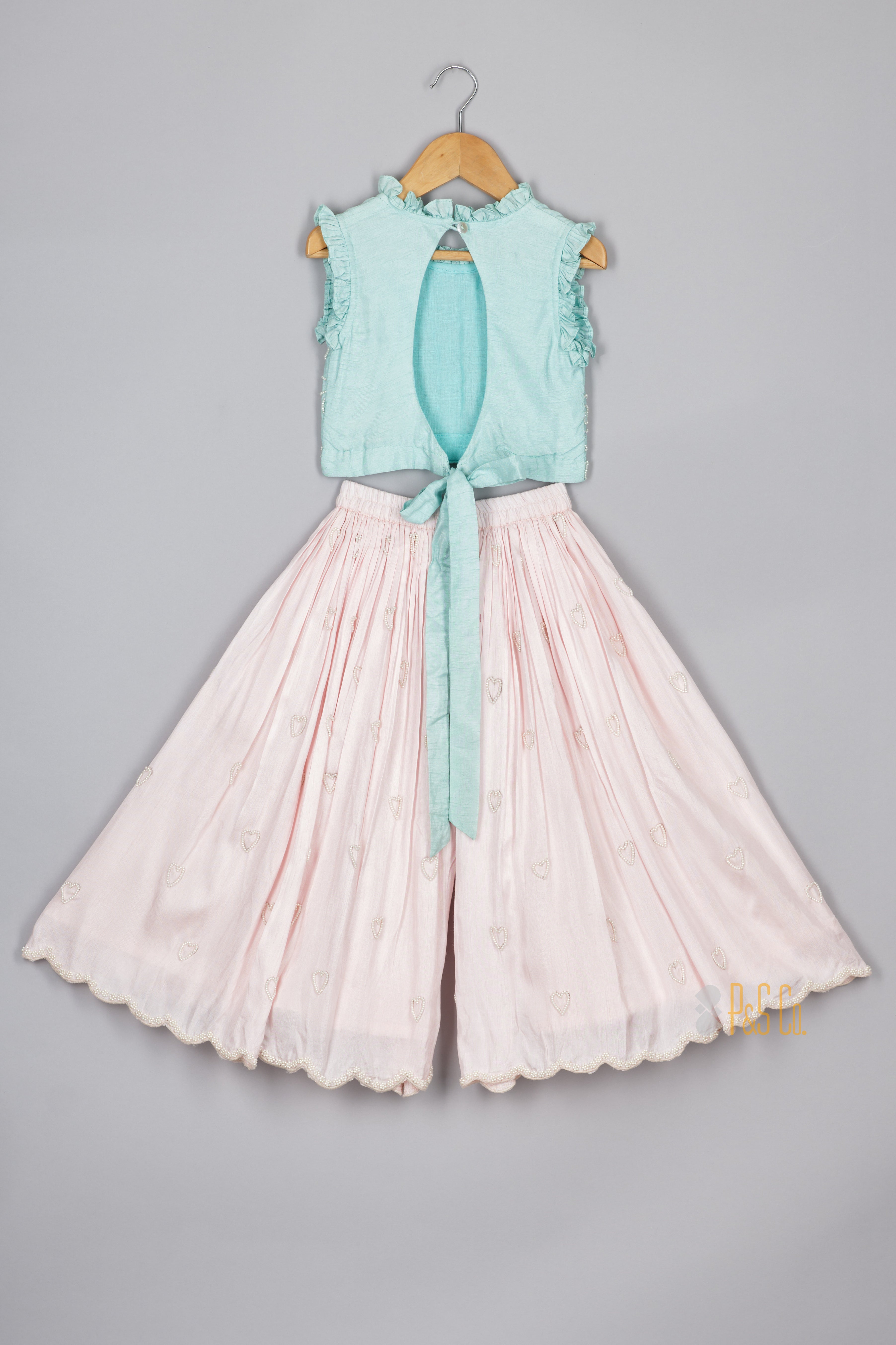 Pearl Embroidered Mint Top And Pink Flare Pant