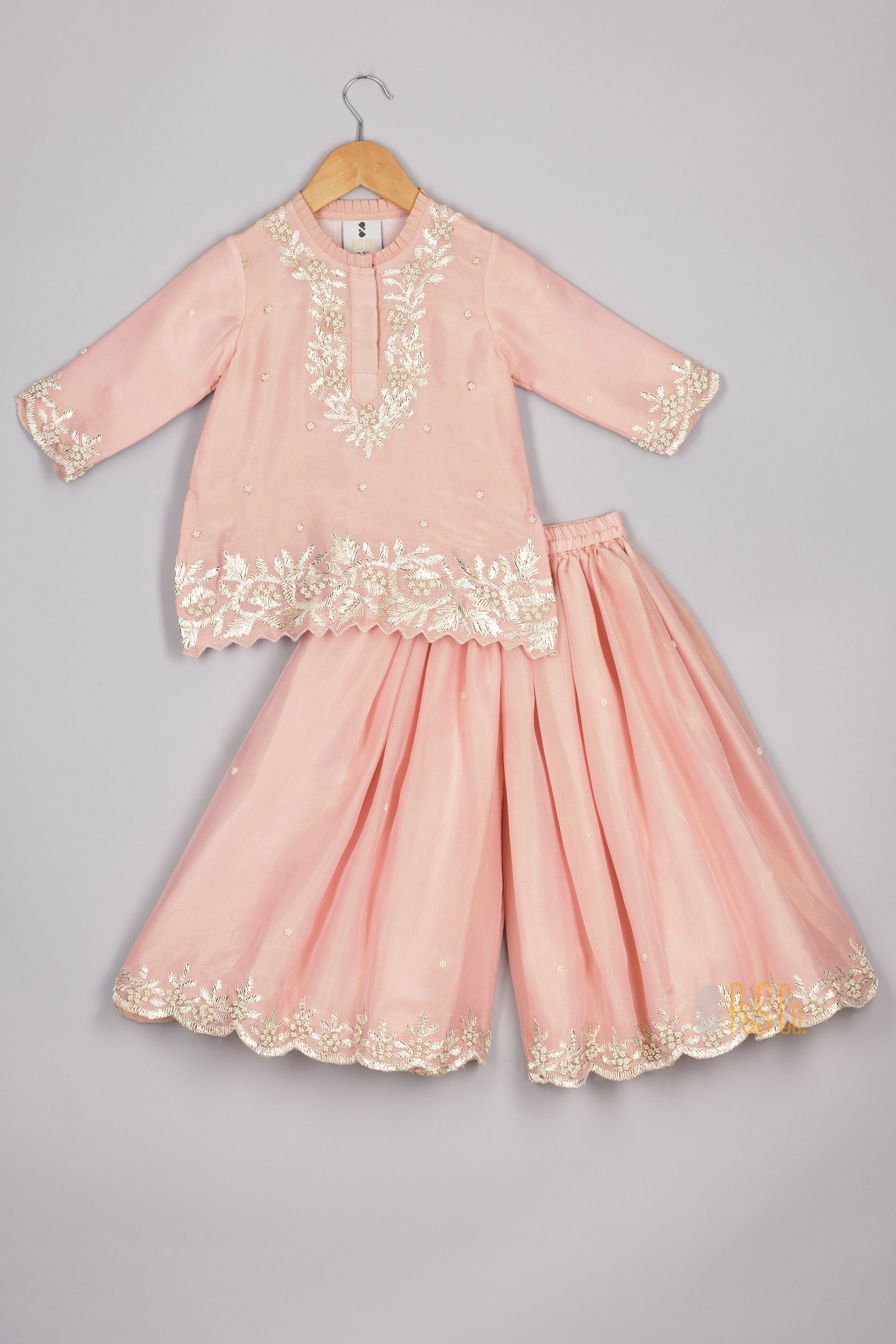Pink Zari And Pearl Embroidered Kurta and Flare Pant