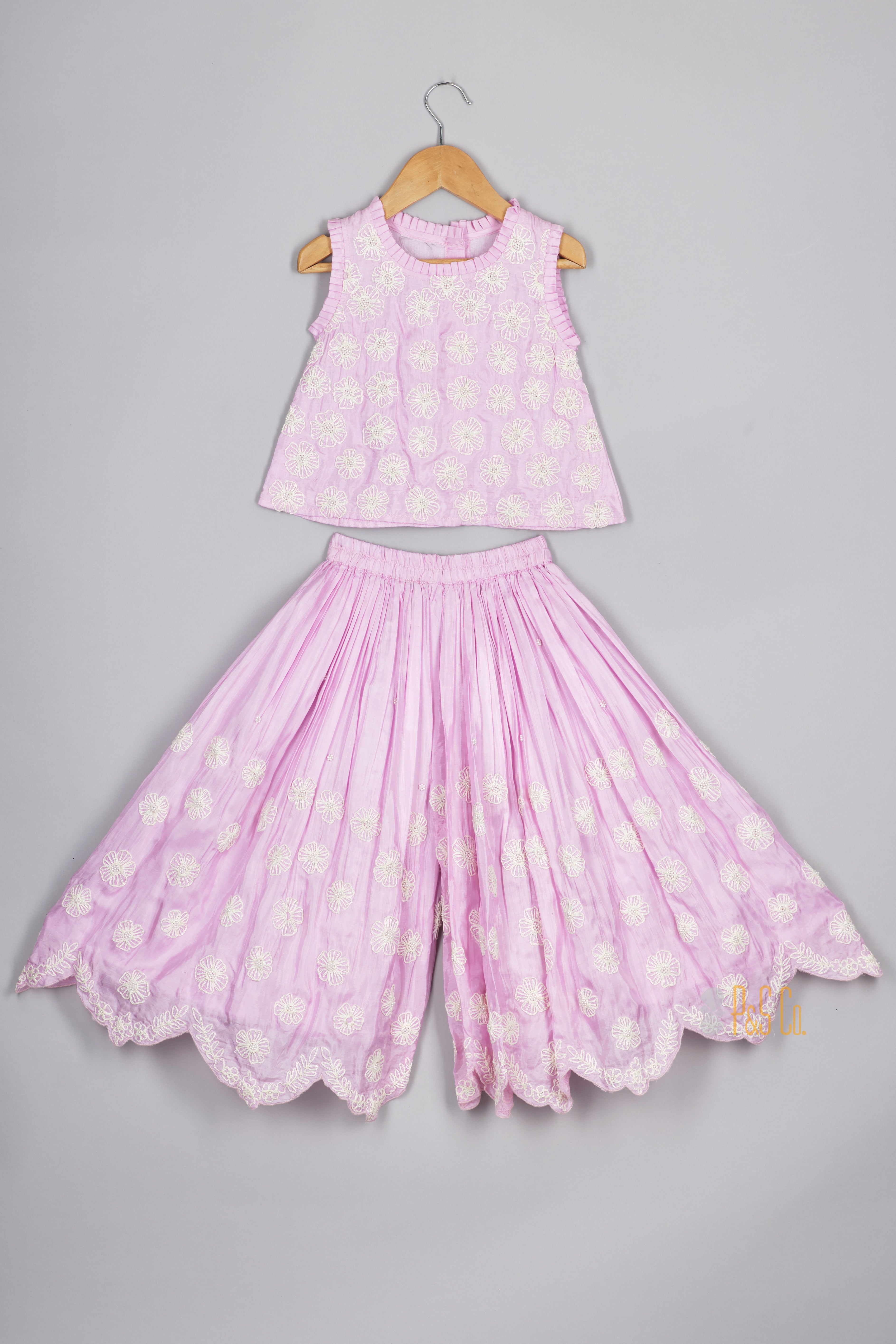 Lavender Thread Flower Embroidered Top and Flare Pant