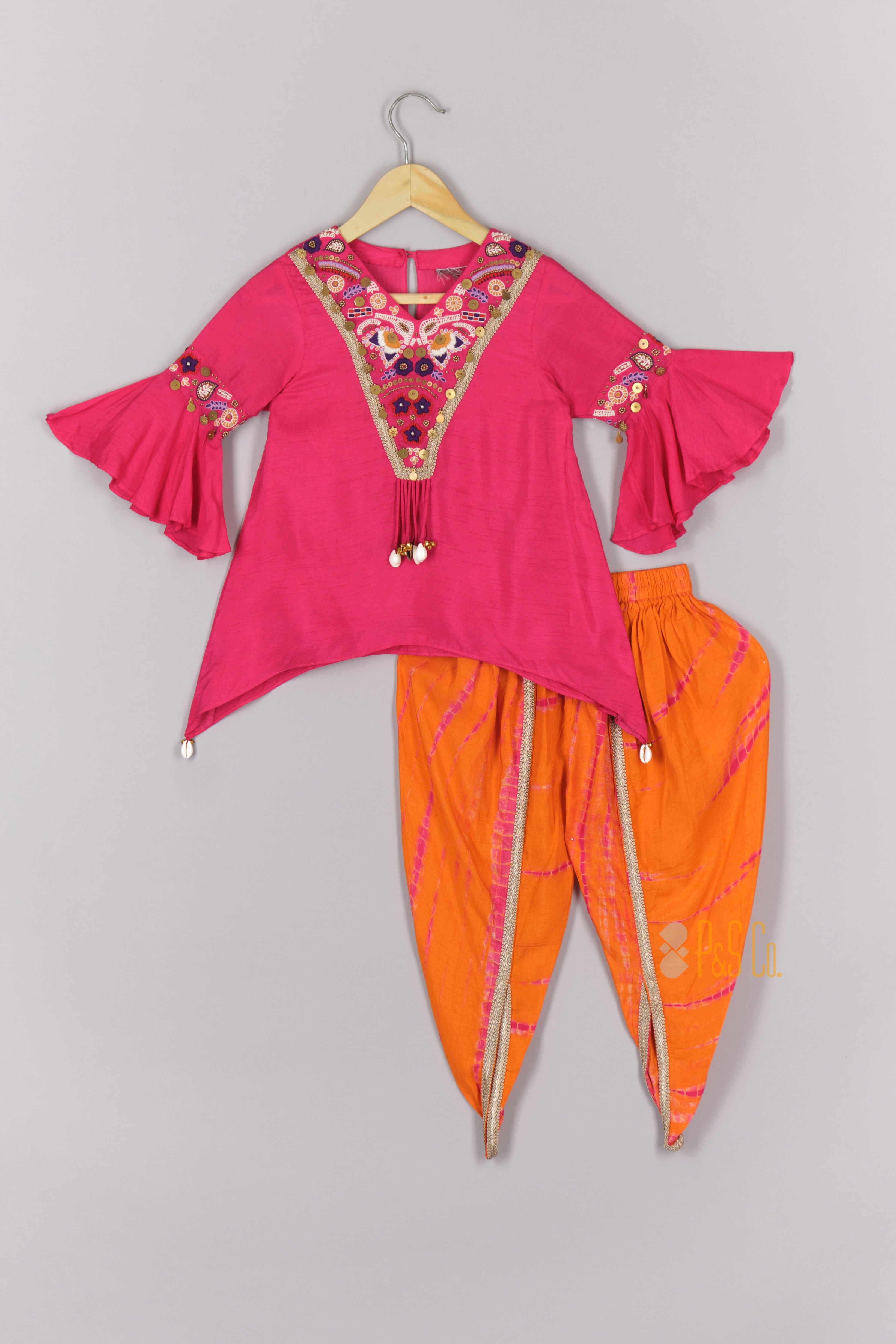 Hot Pink Embroidered Assymetrical Kurta with Orange Shiboree Dhoti
