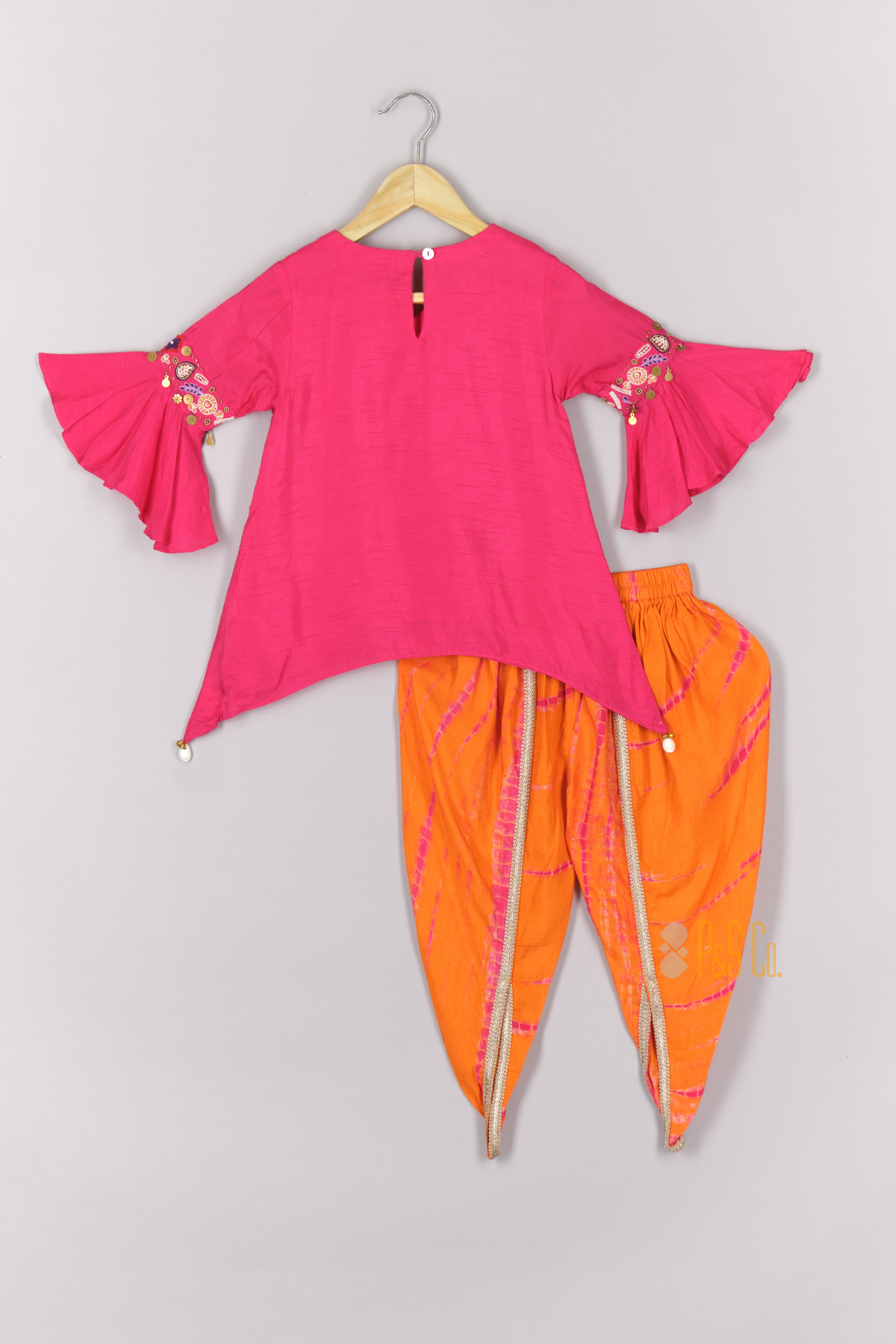 Hot Pink Embroidered Assymetrical Kurta with Orange Shiboree Dhoti