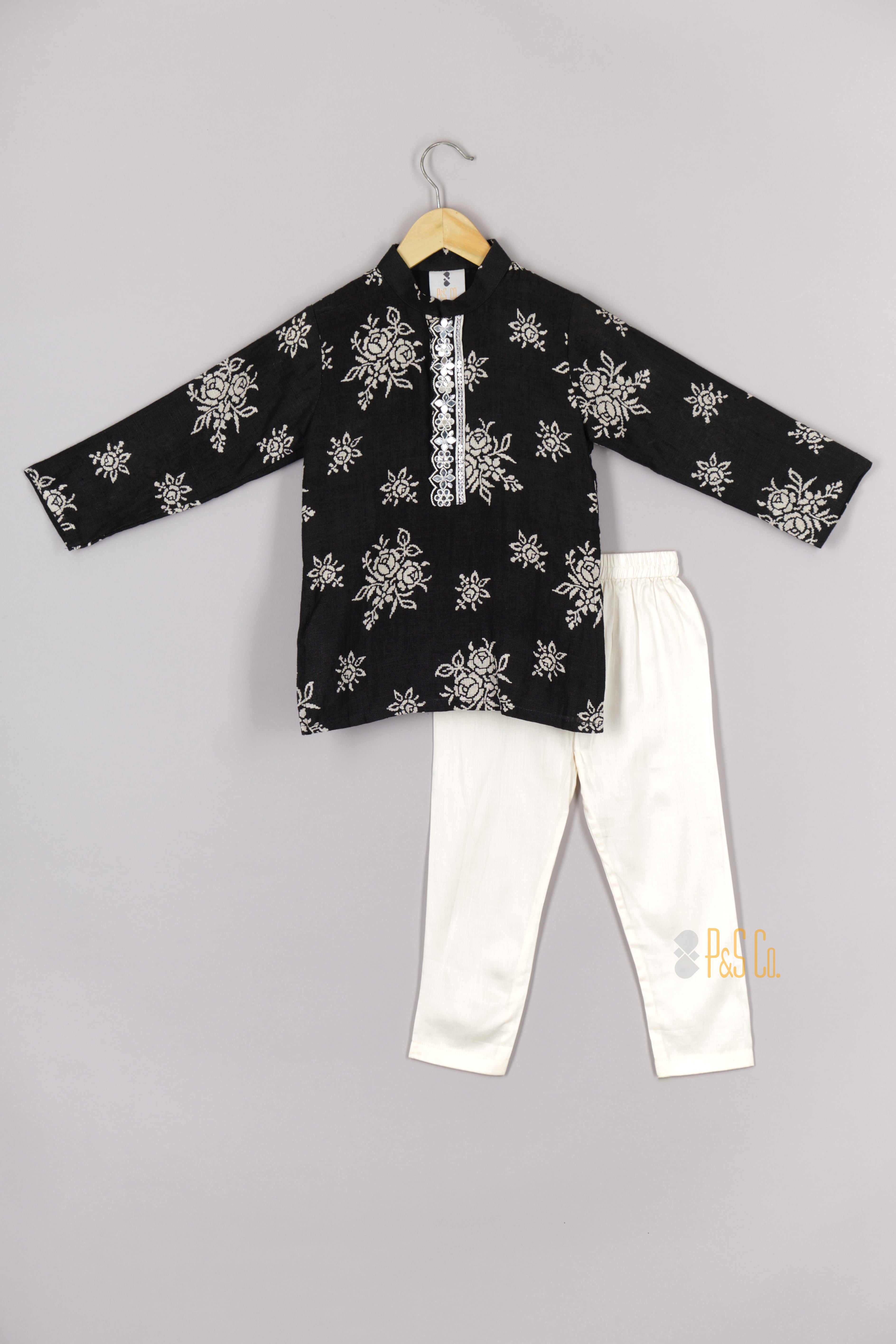 Black Linen Printed Kurta And Pant