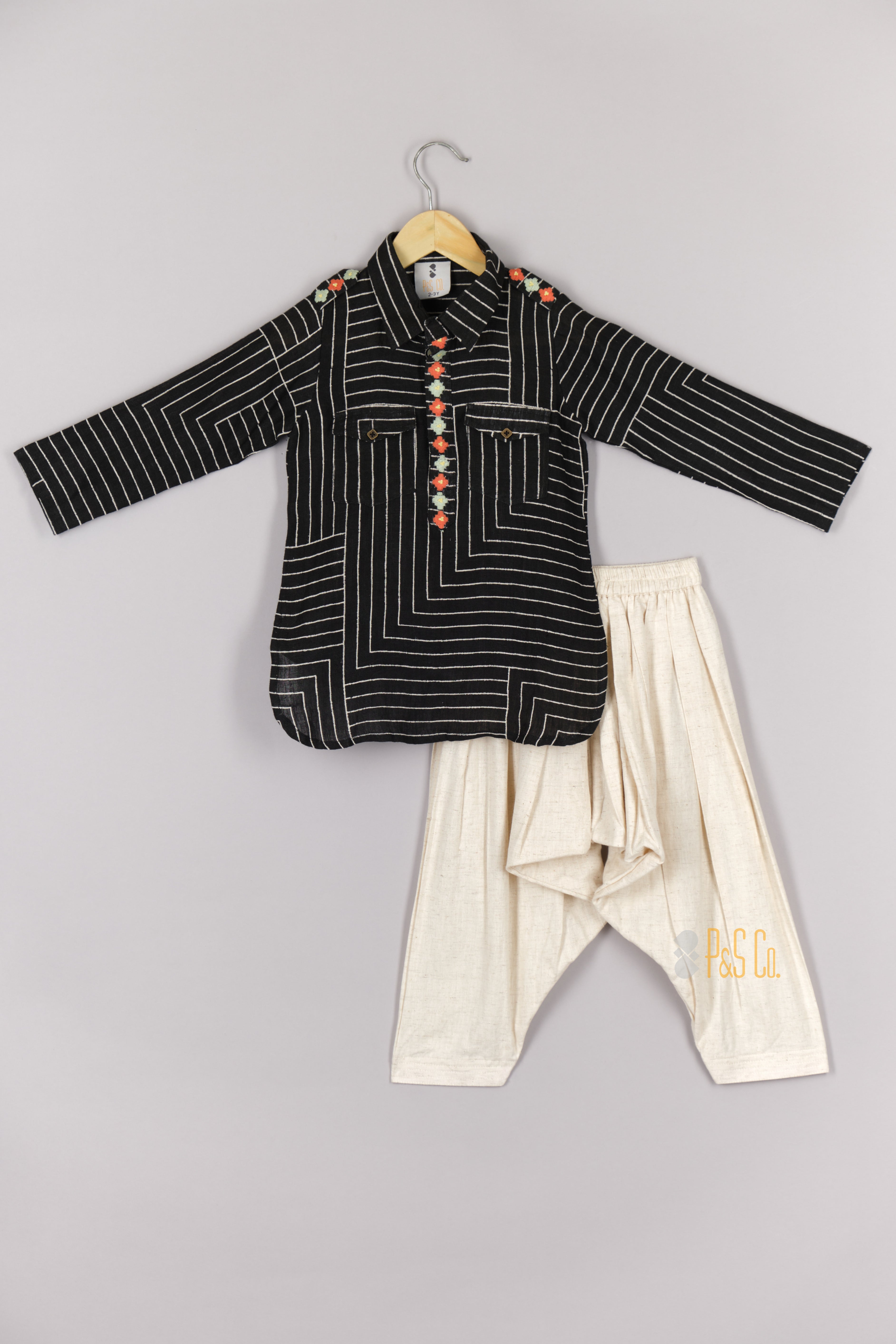 Black Linen Pathani Kurta And Patiala