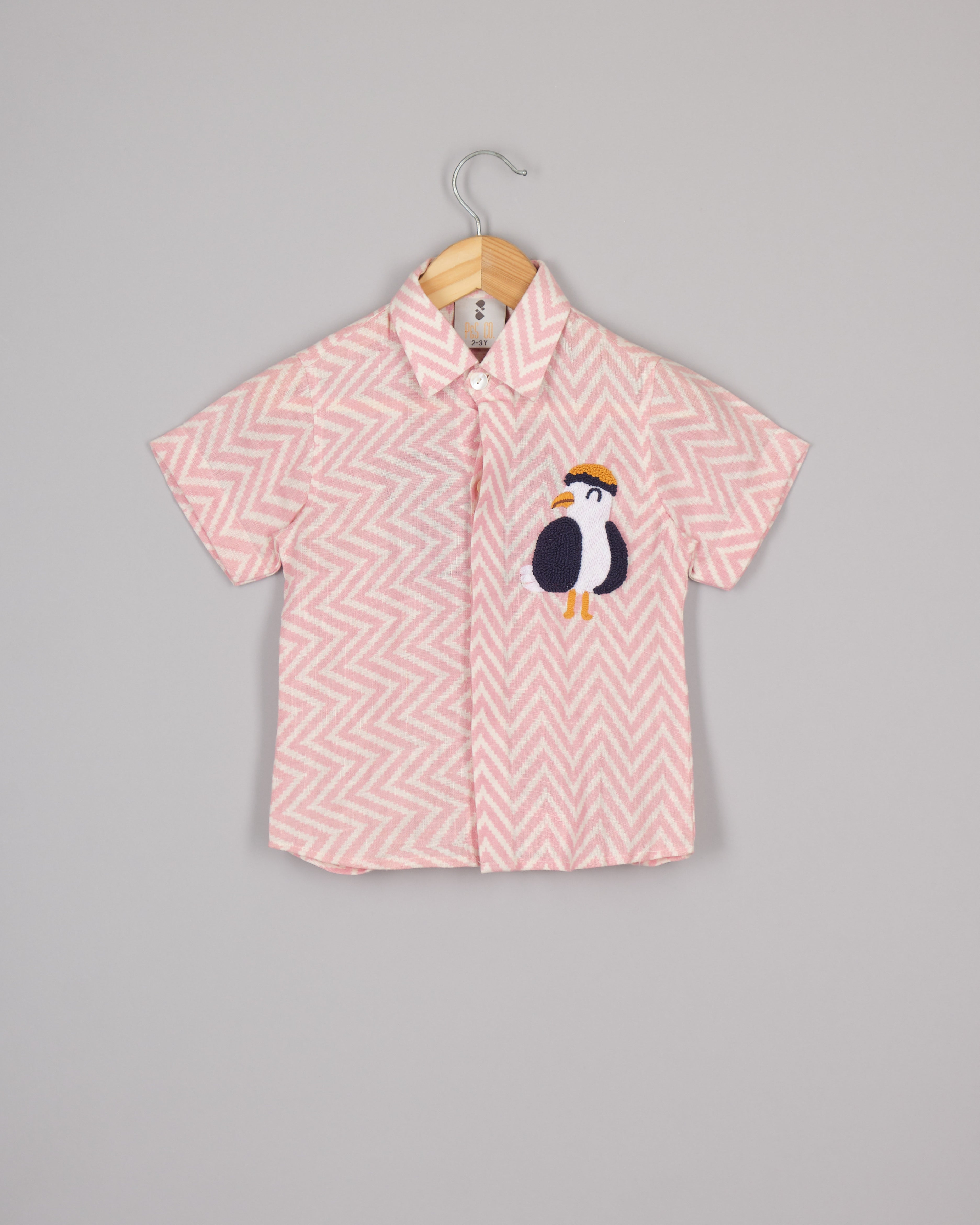 Pink Linen Woodpecker Embroidered Shirt