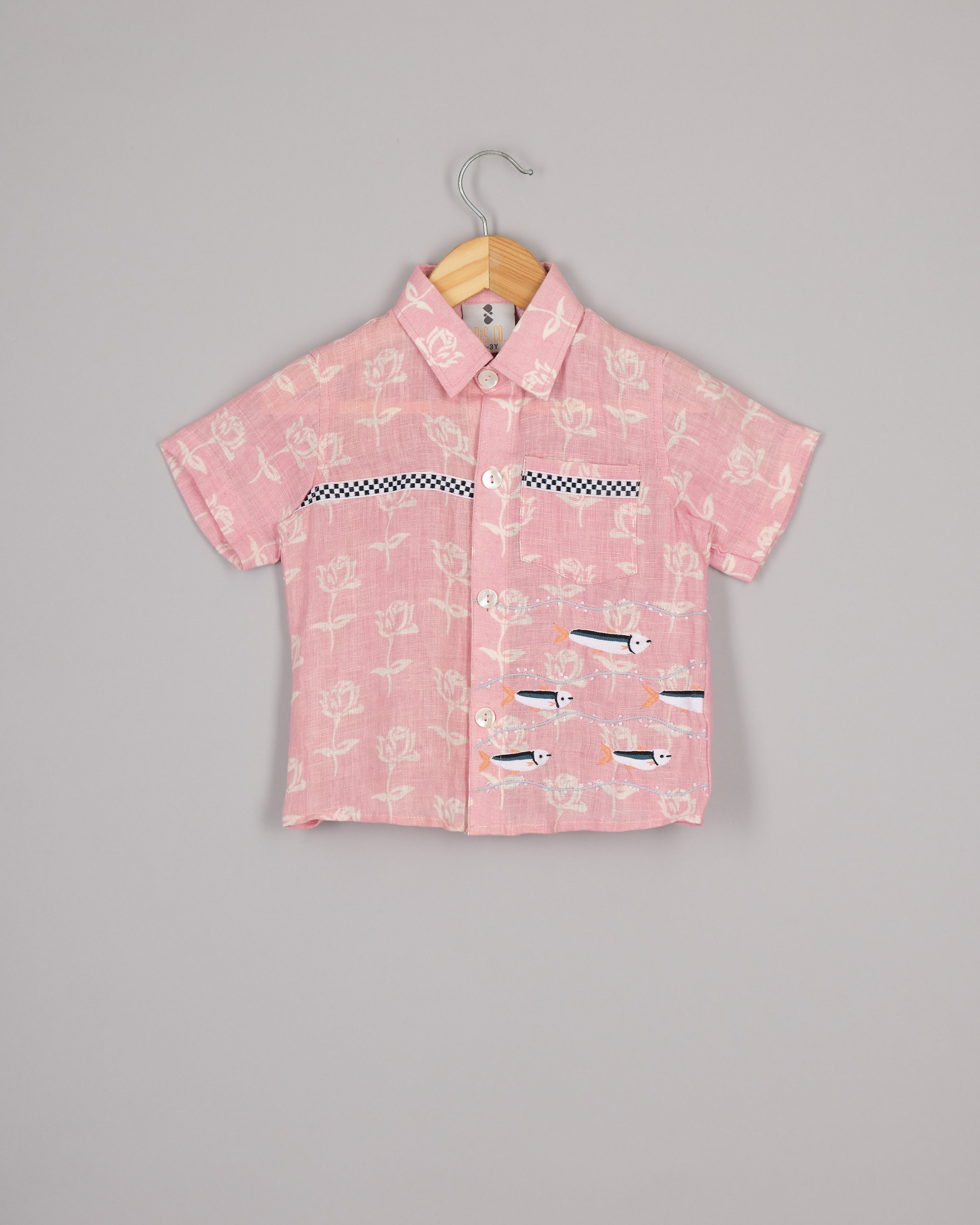 Pink Linen Fish Embroidered Shirt