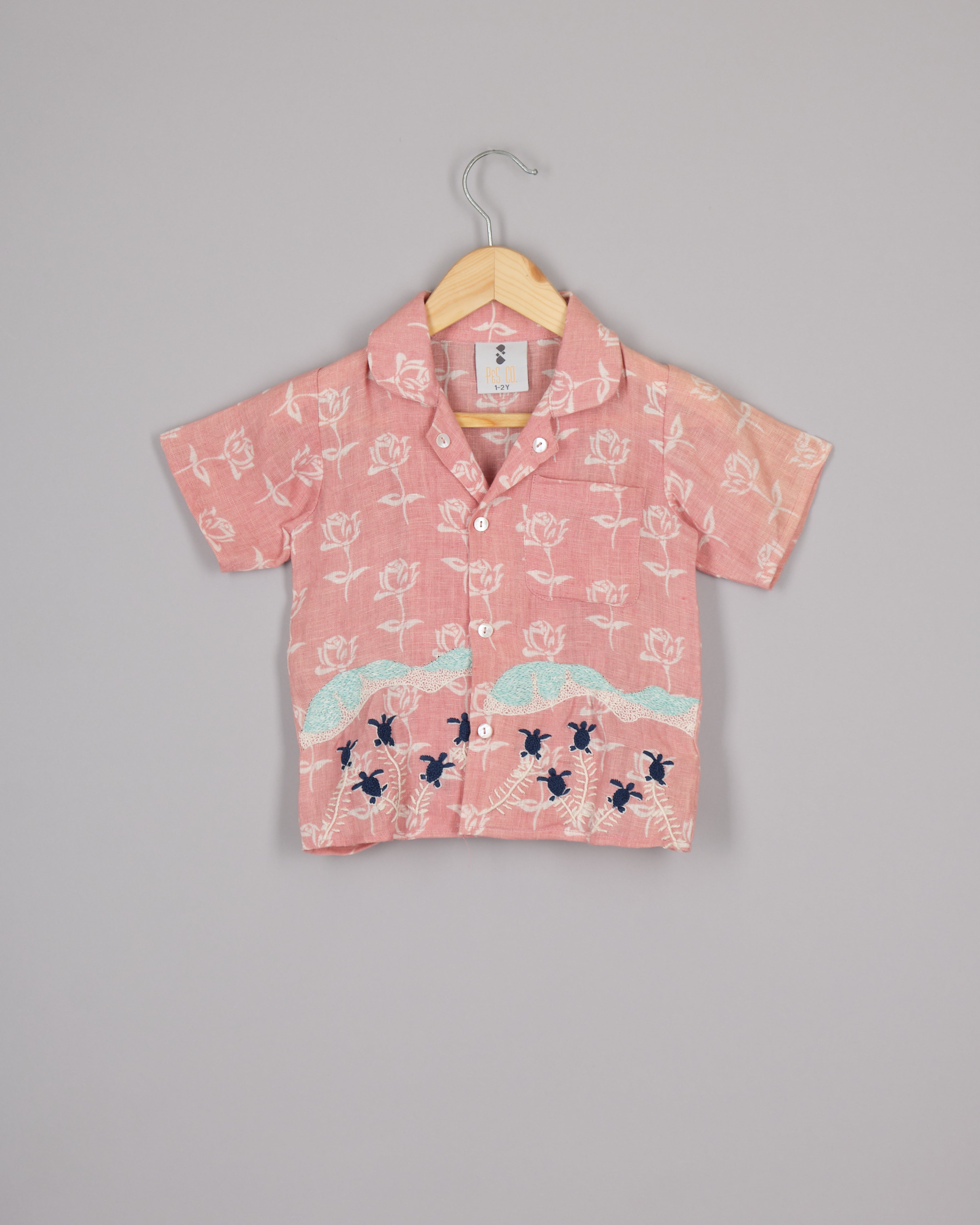 Pink Linen Turtles Embroidered Shirt