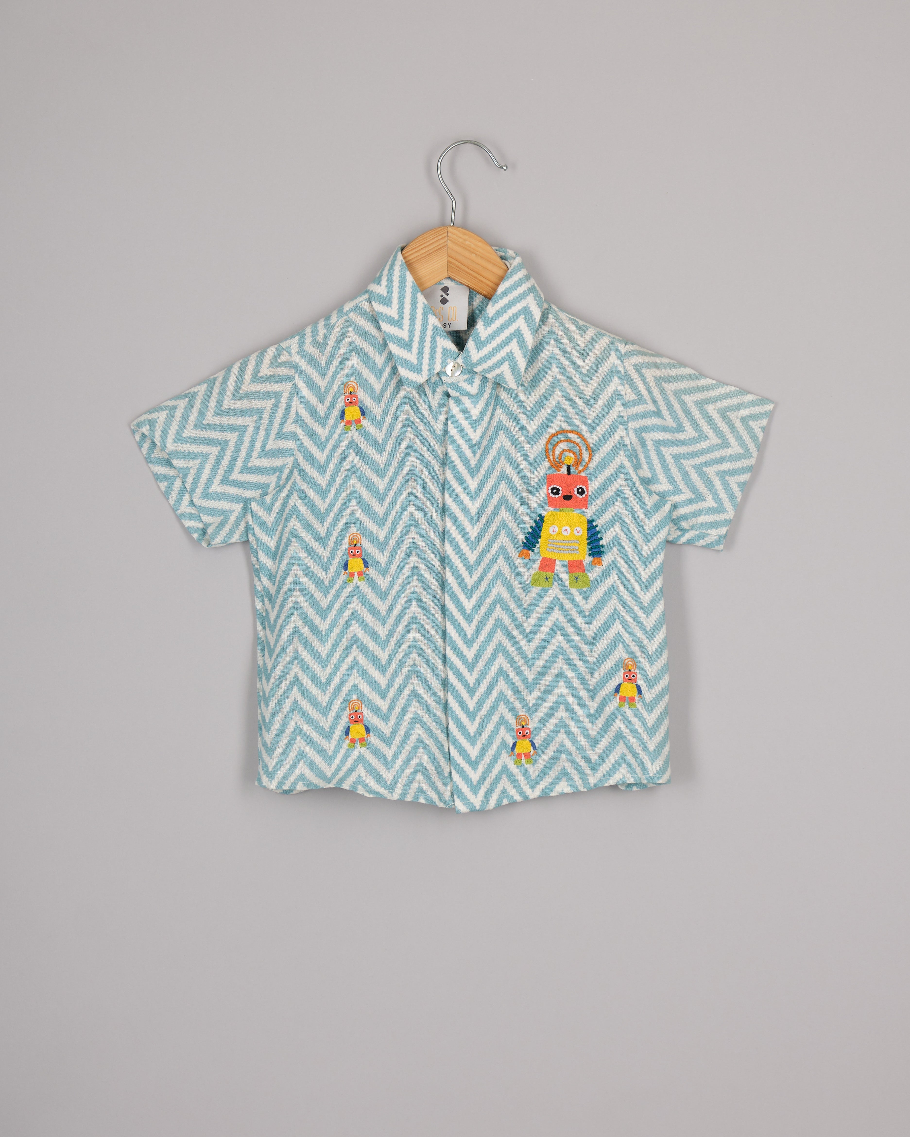 Blue Linen Robot Shirt.