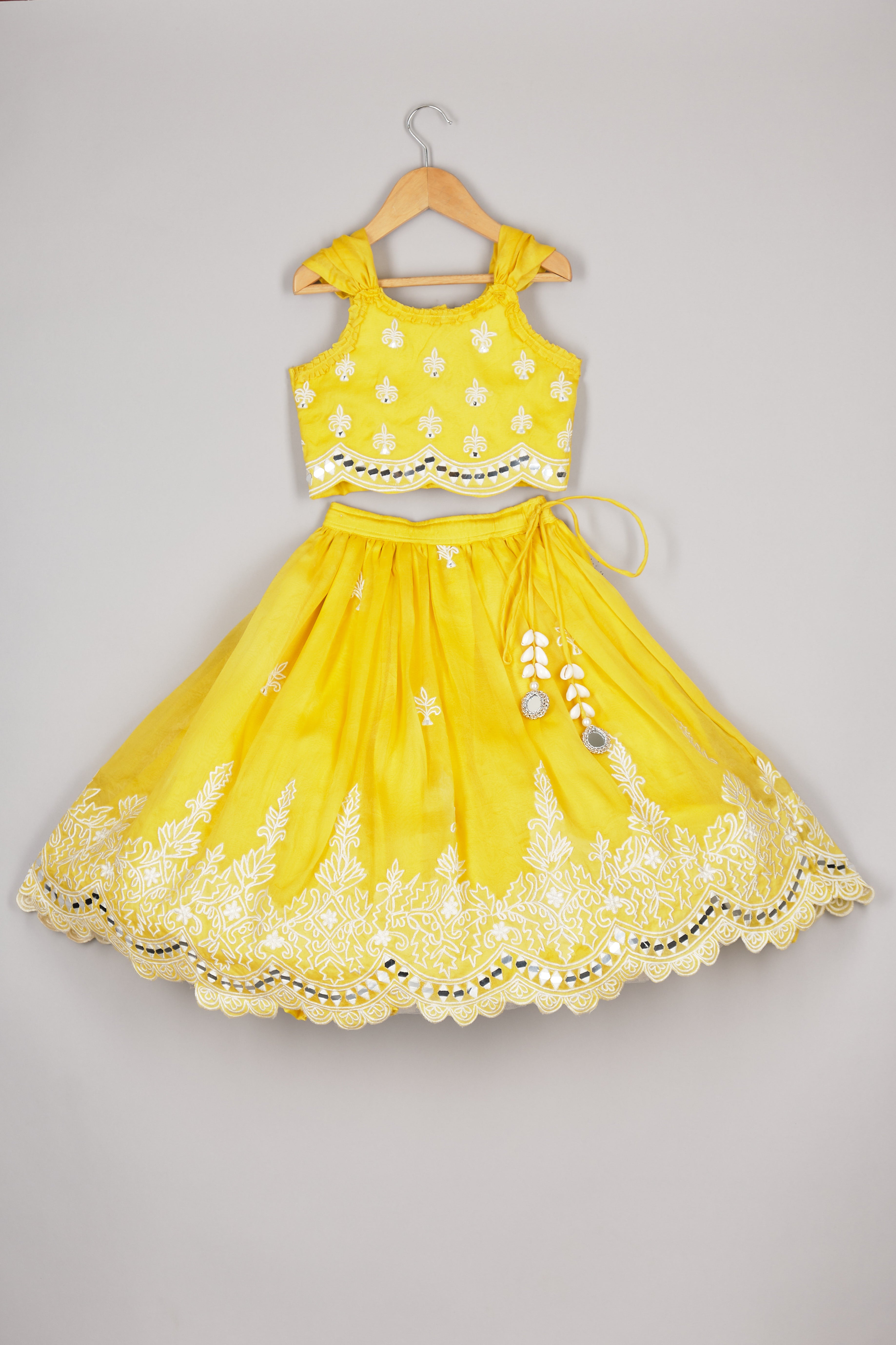 Yellow Organza Thread Work And Mirror Ghagara And Top