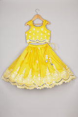 Yellow Organza Thread Work And Mirror Ghagara And Top