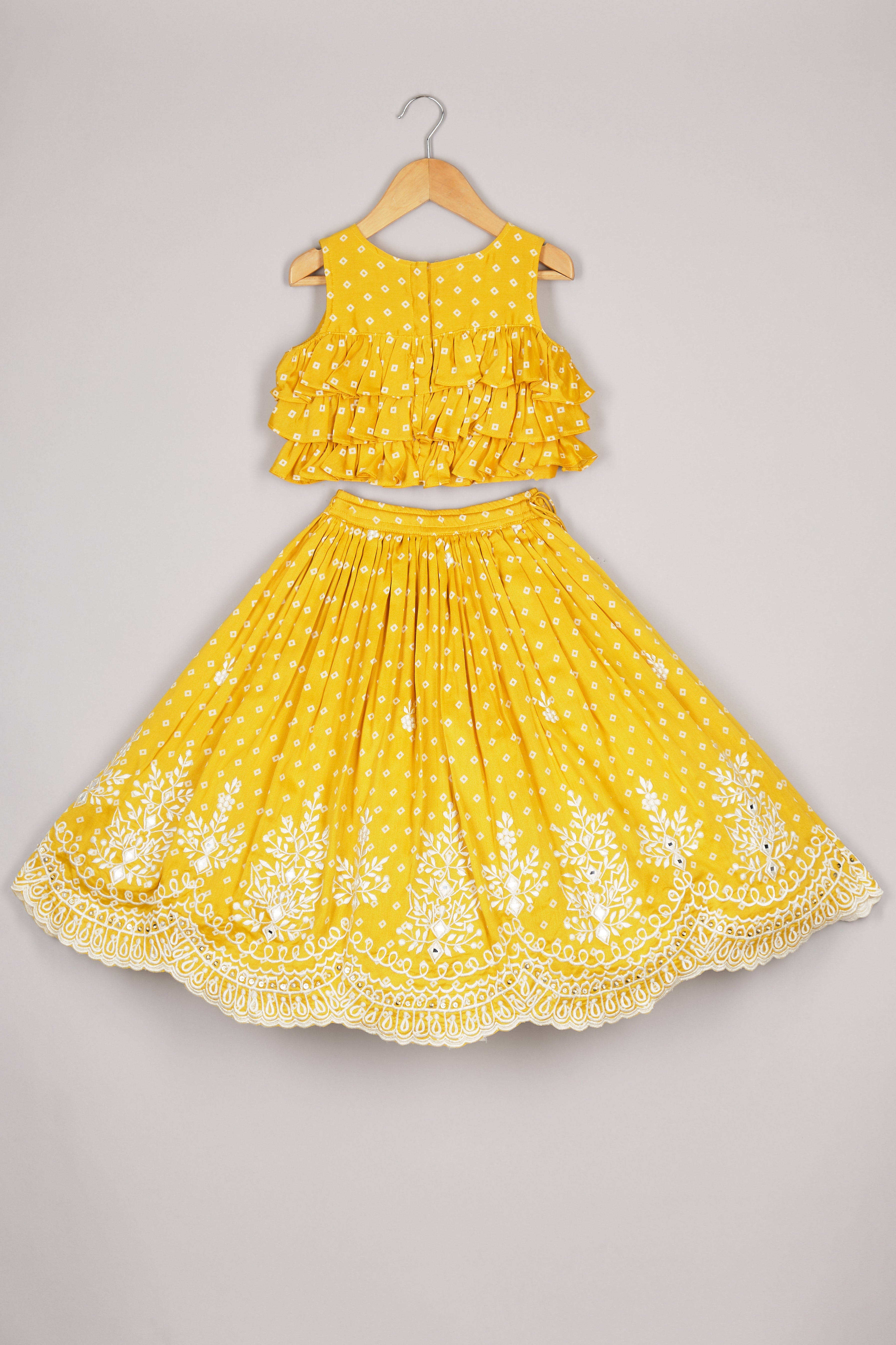 Yellow Bandhej Ruffle Top And Thread embroidered Ghagara