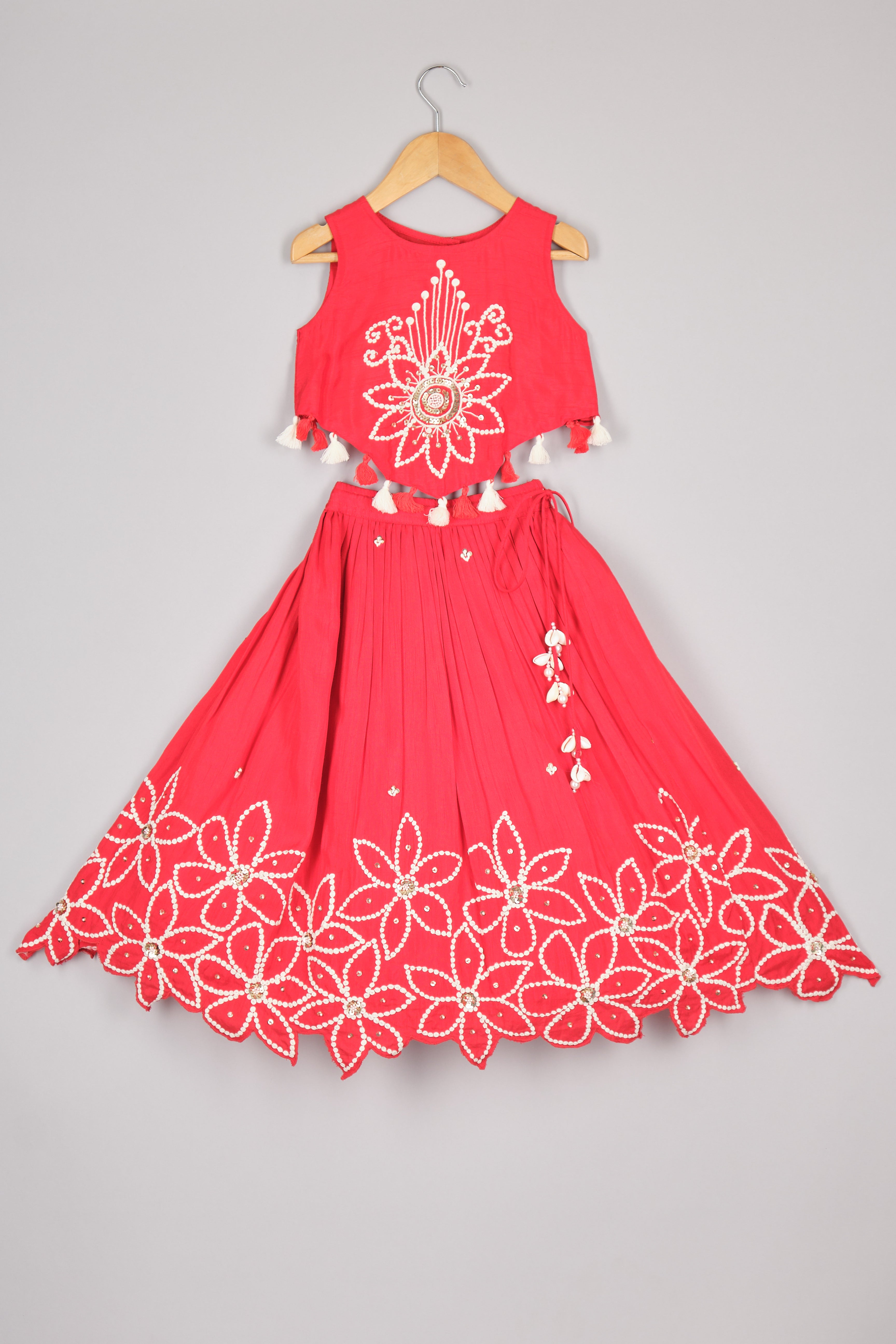 Bright Red Cord Embroidered Forest Style Top And Ghagara