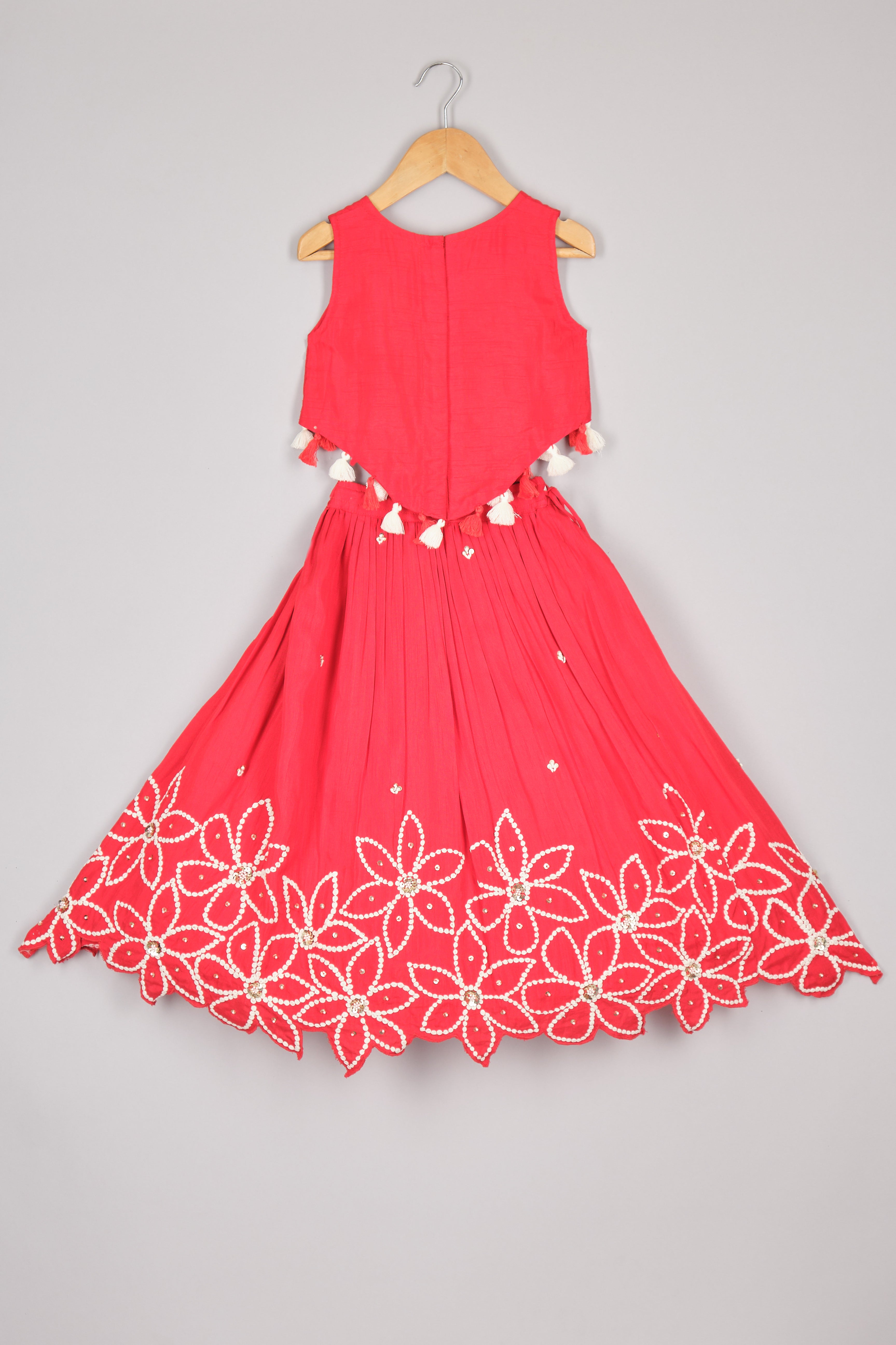 Bright Red Cord Embroidered Forest Style Top And Ghagara