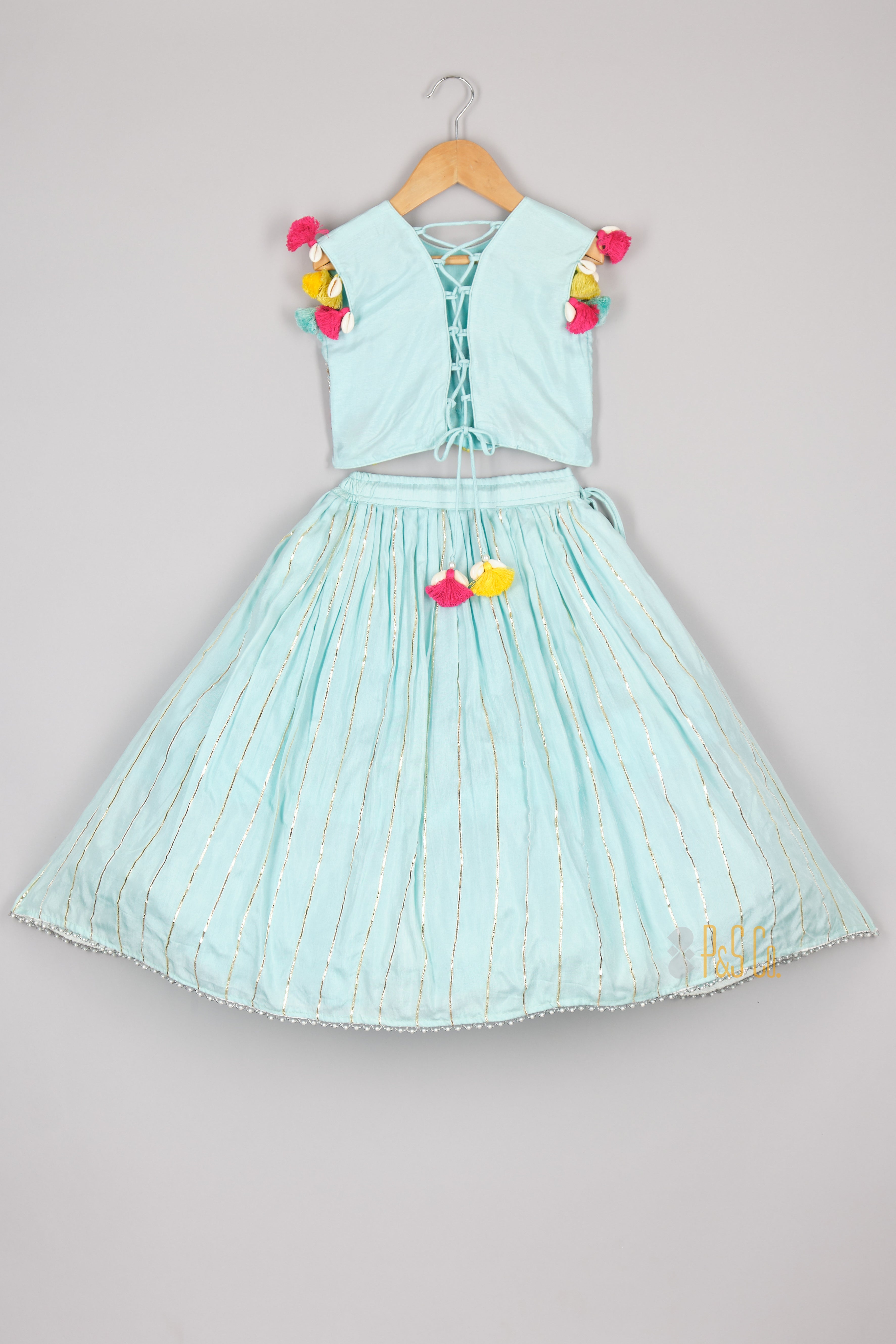 Multicolour Thread Giraffe Embroidered Blue Blouse and Gota Line Ghagara