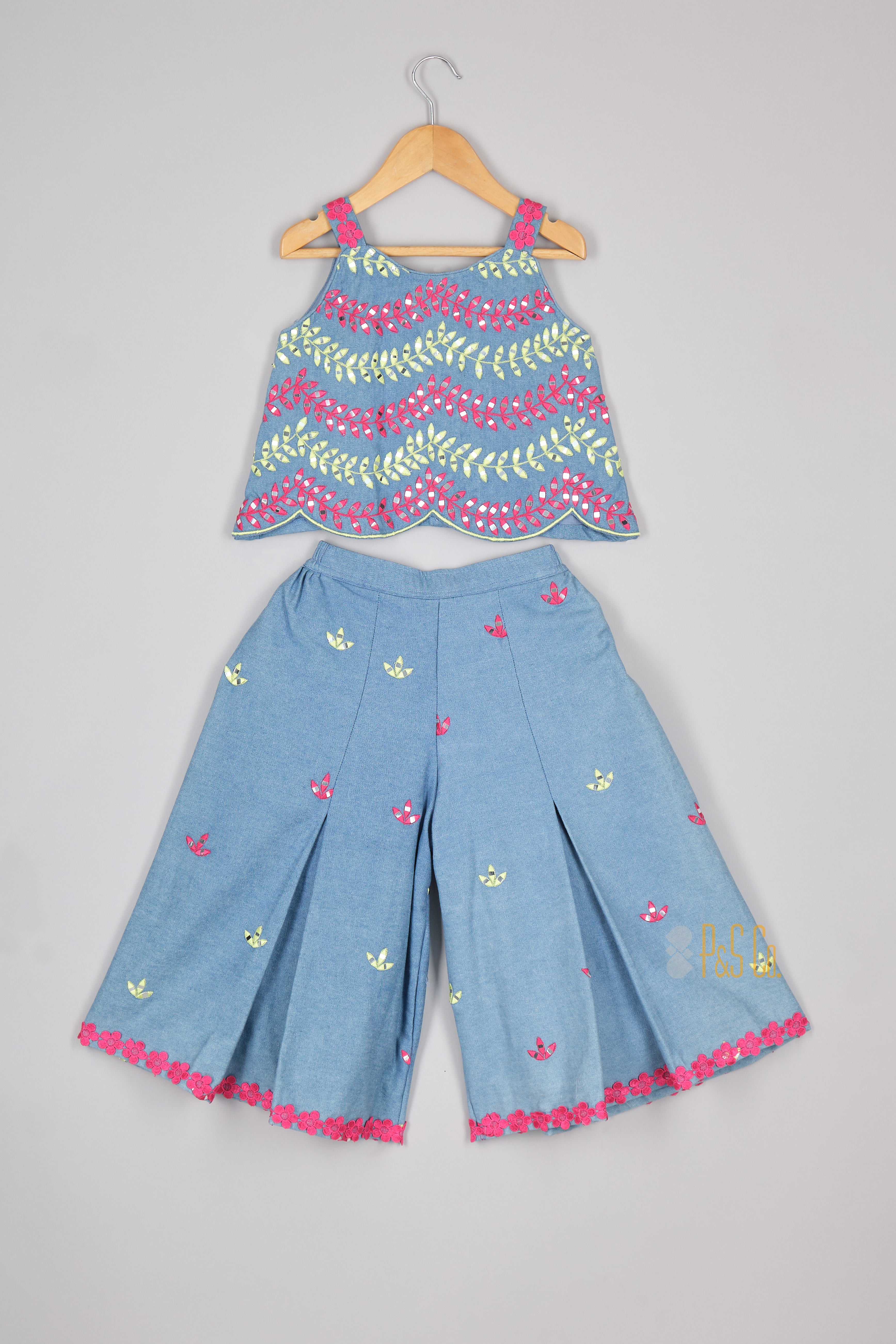 Mirror And Thread Embroidered Denim Top and Flare Pant