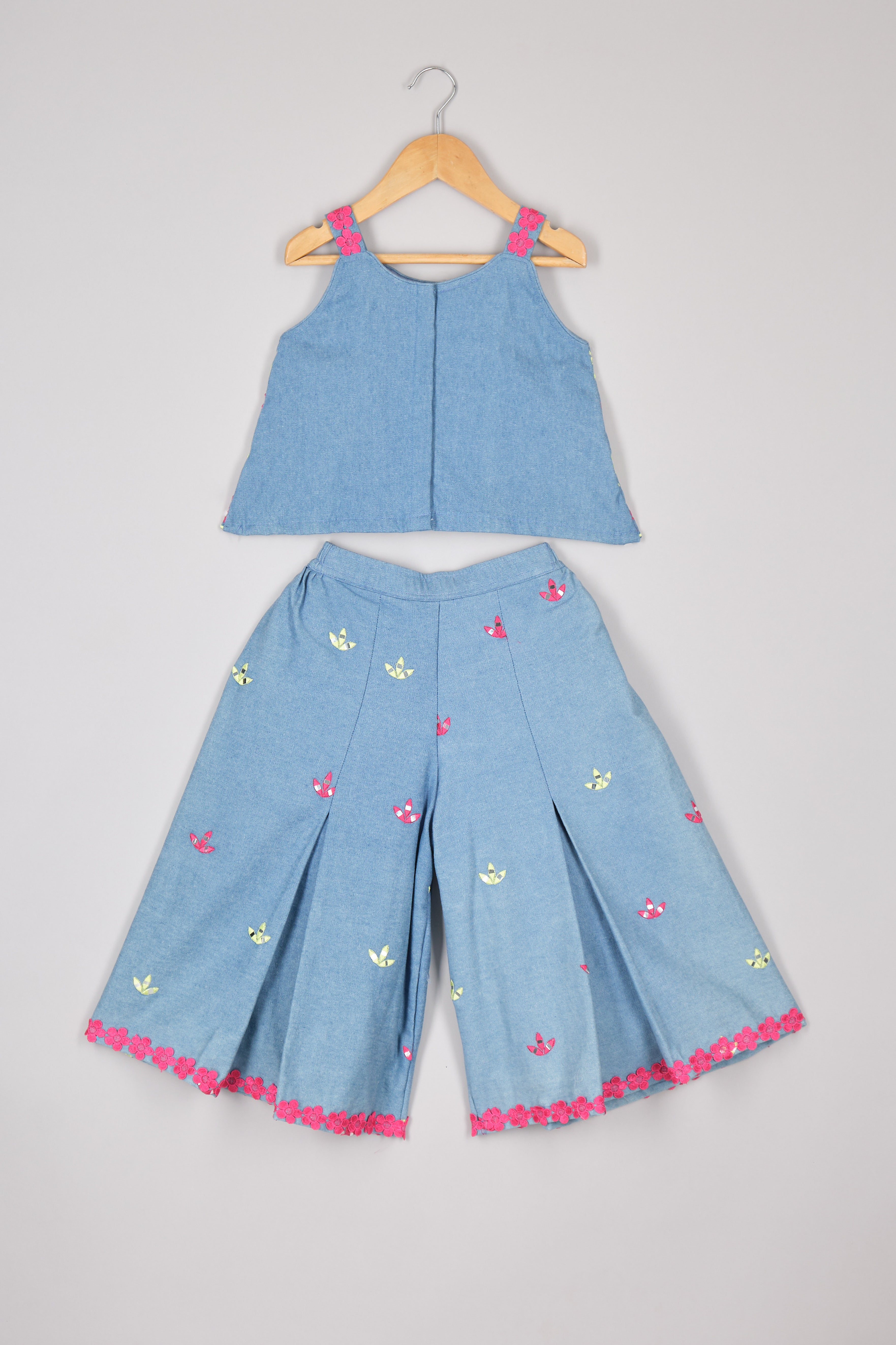 Mirror And Thread Embroidered Denim Top and Flare Pant