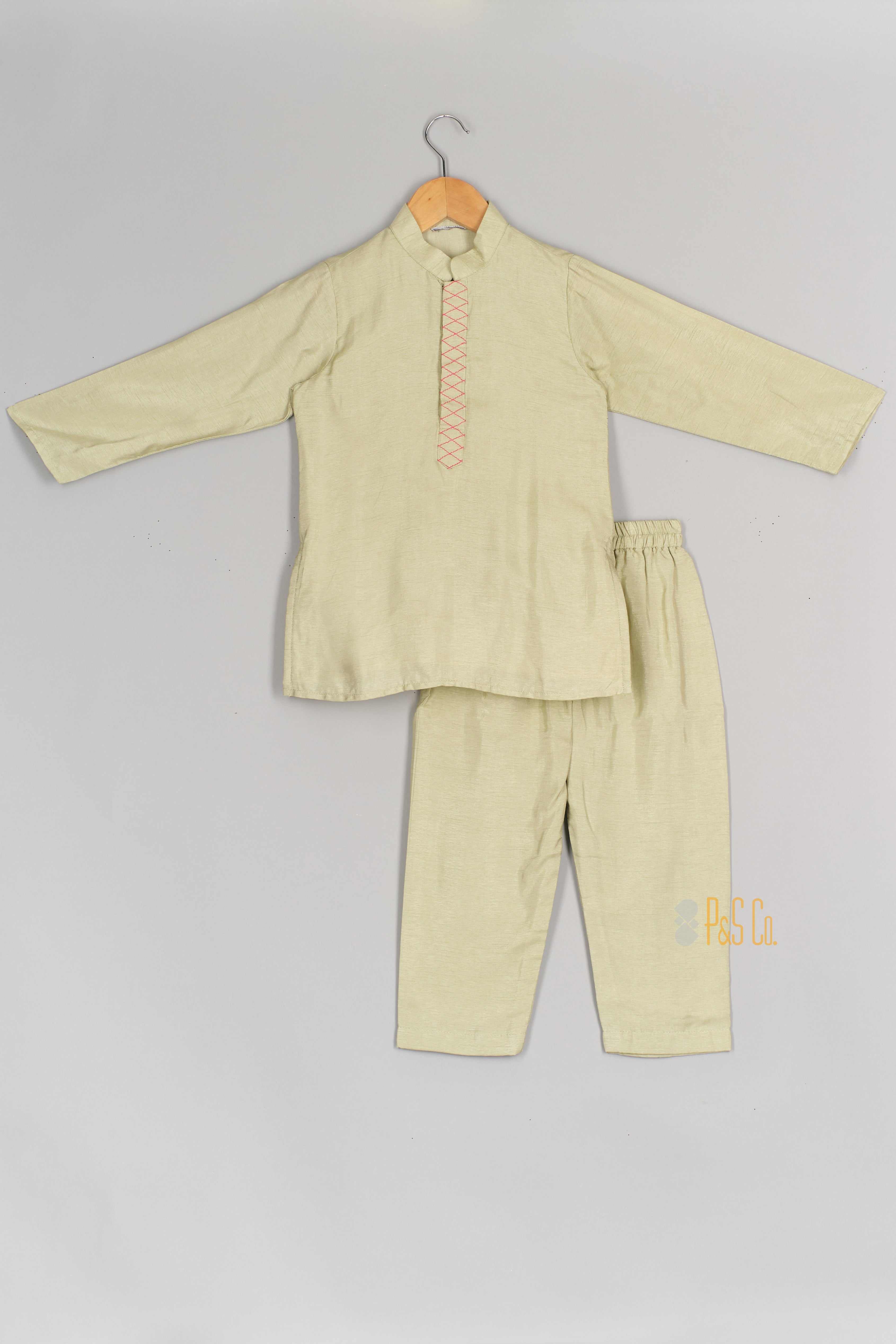 Green Kurta And Pink Embroidered Jacket With Pyjama