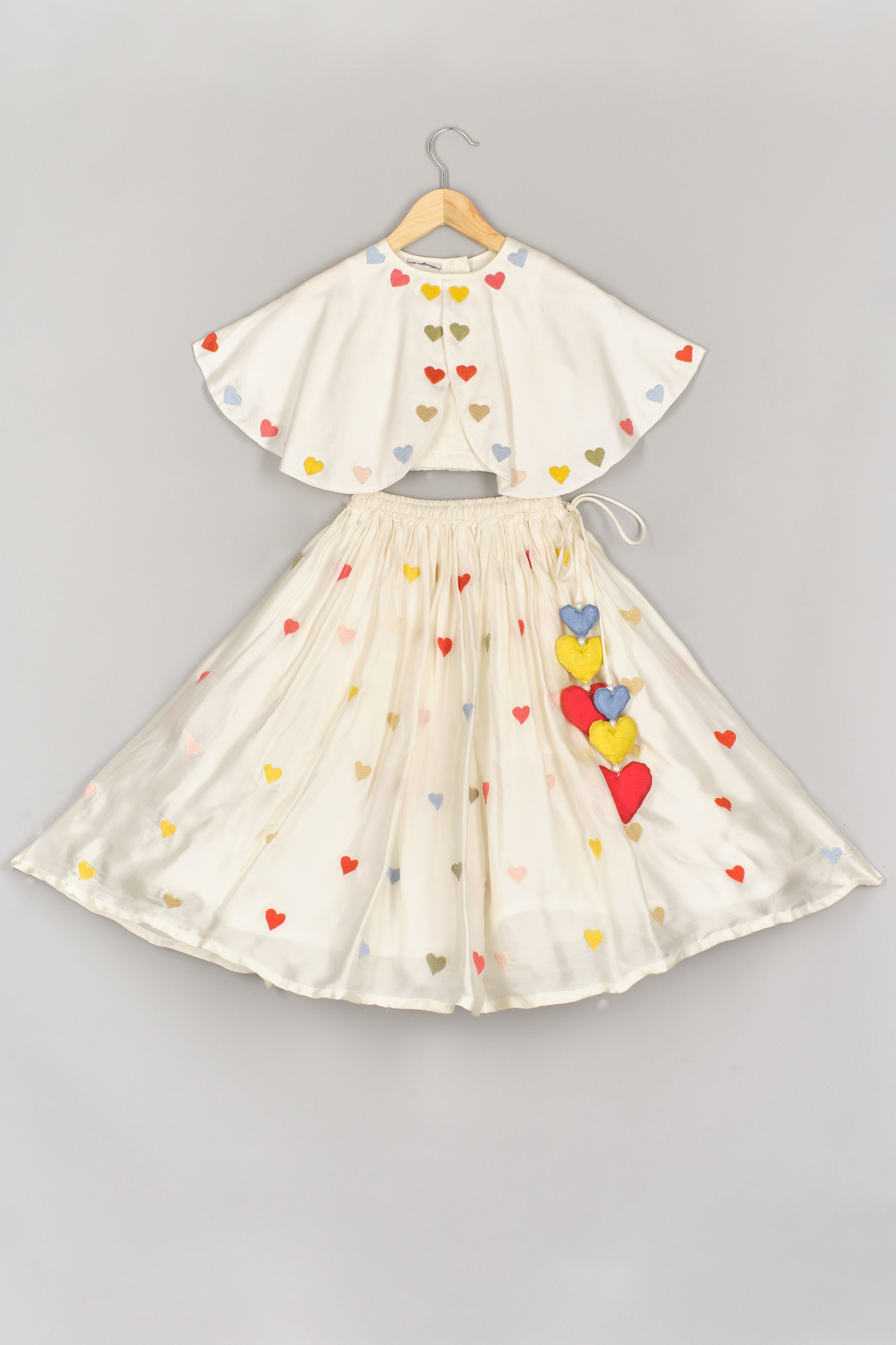 Off white Multicolour Hearts Embroidered Poncho Top and Ghaghra