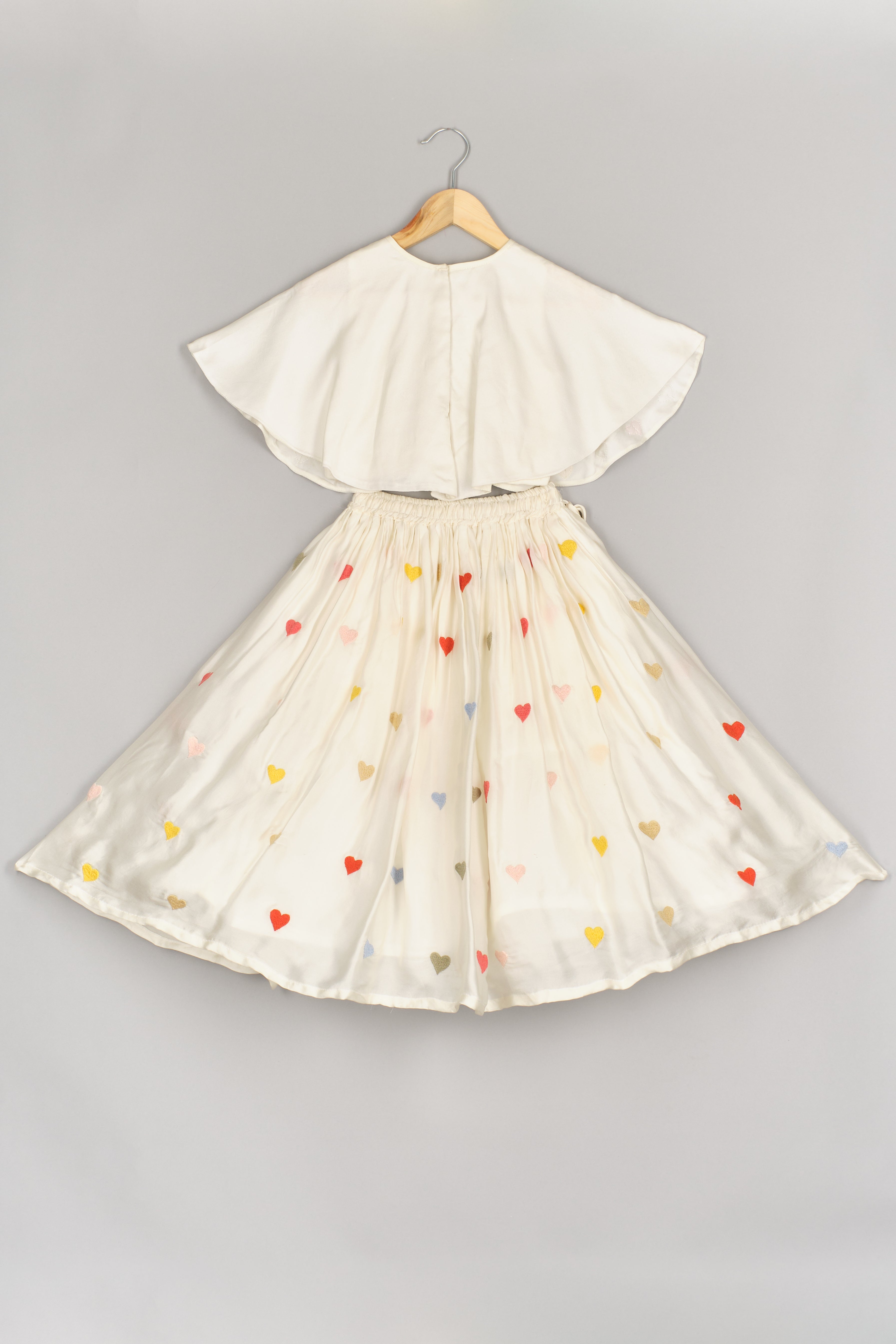 Off white Multicolour Hearts Embroidered Poncho Top and Ghaghra