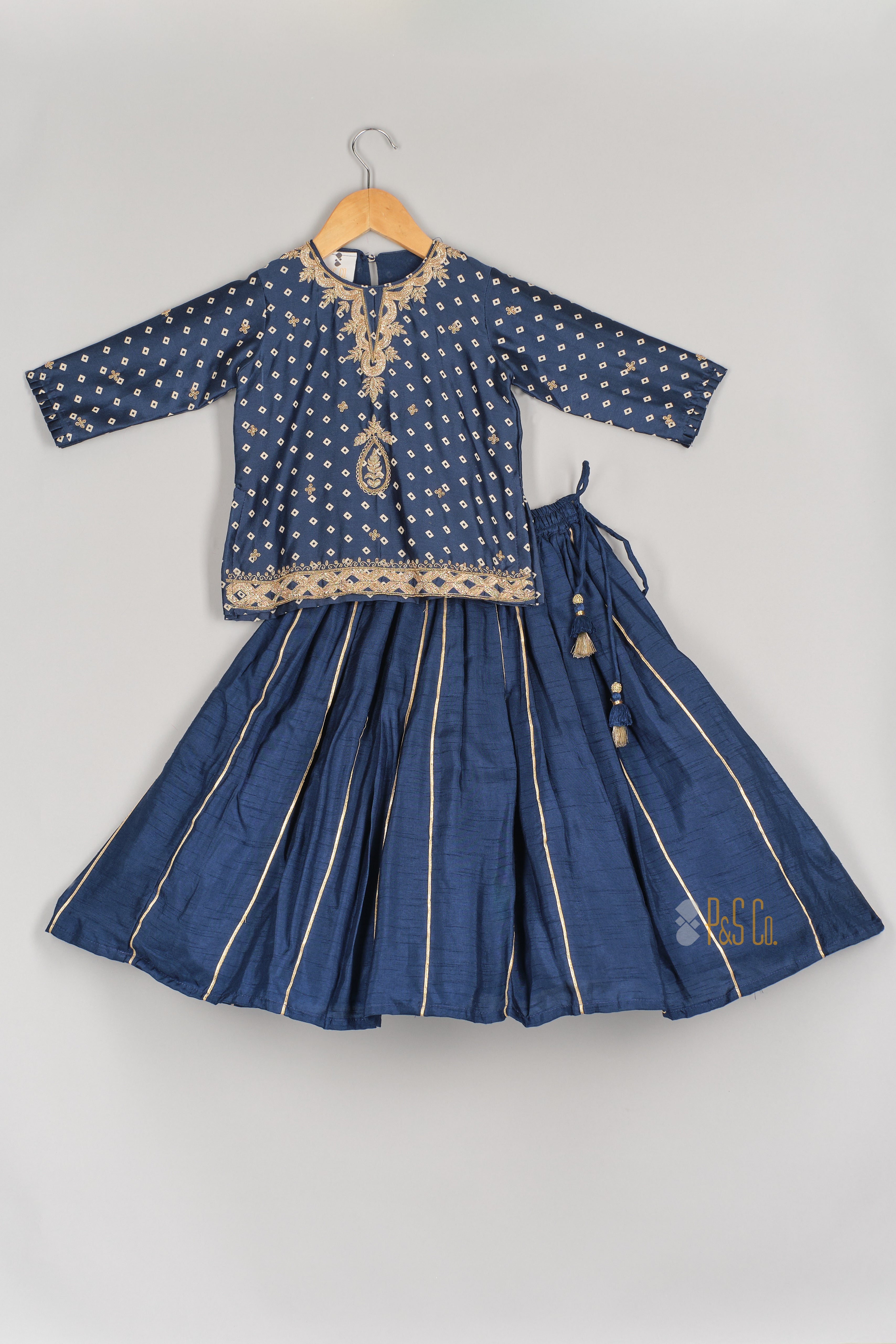 Blue Zari Embroidered Bandhej Kurta and Gota Line Flare Pant