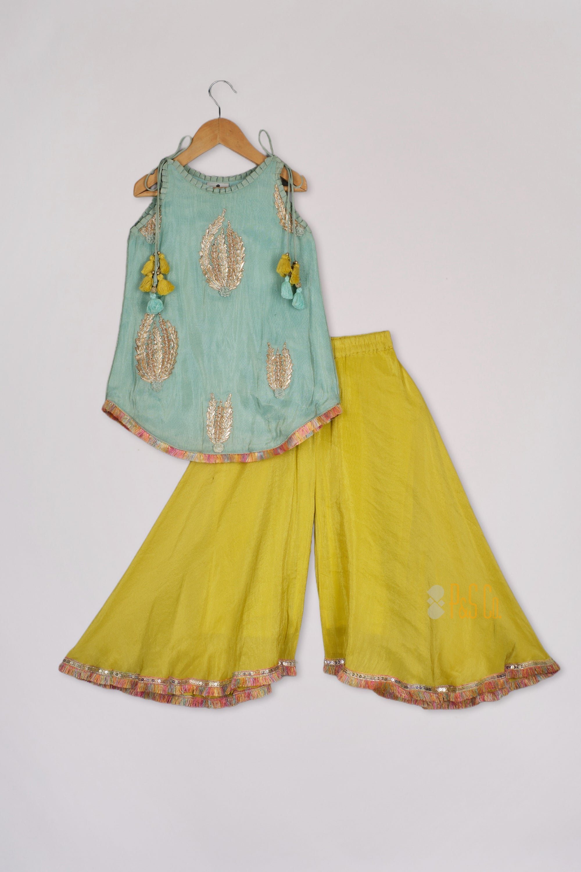 Sea Green Buta Kurta With Lime Green Flare Pant