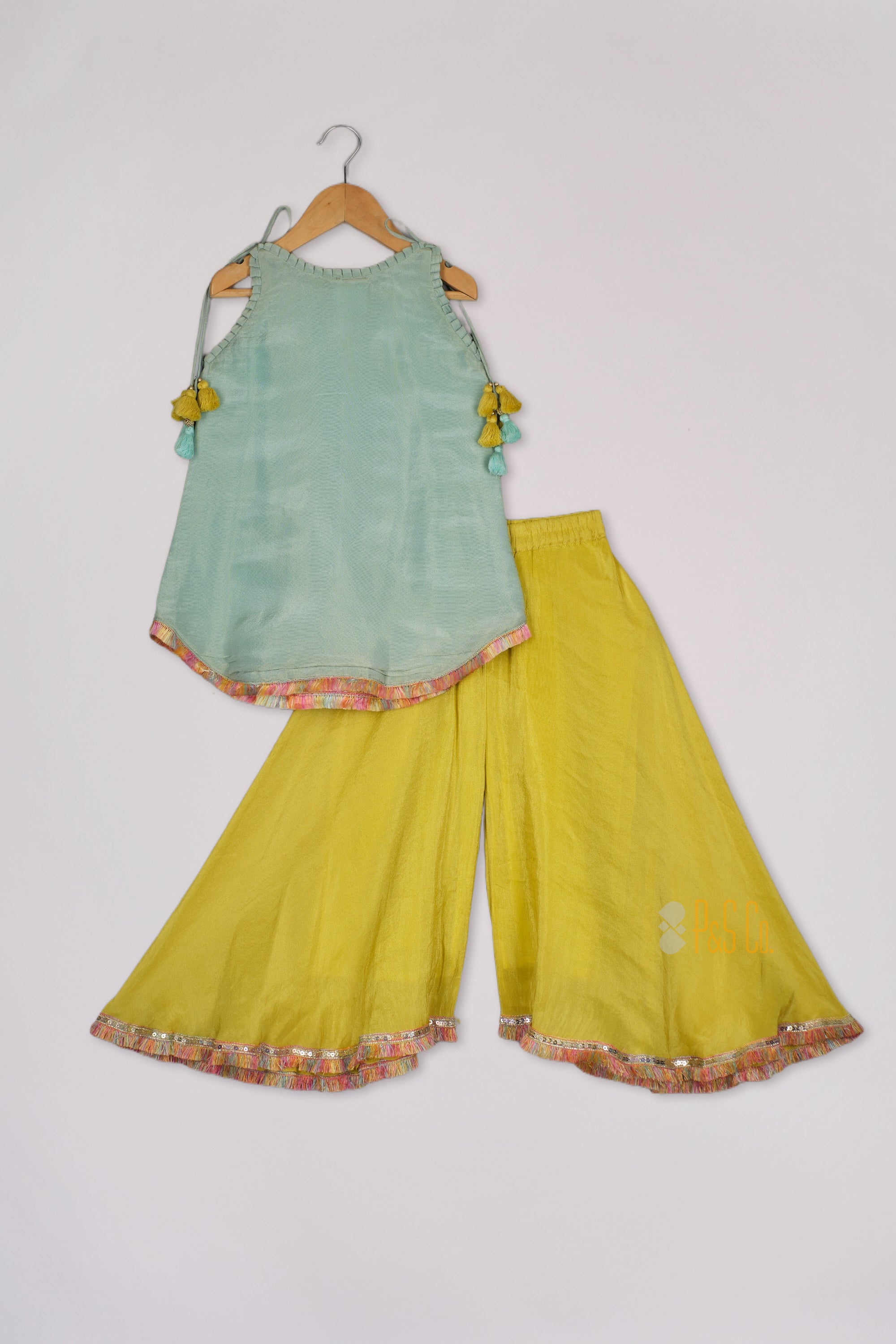 Sea Green Buta Kurta With Lime Green Flare Pant