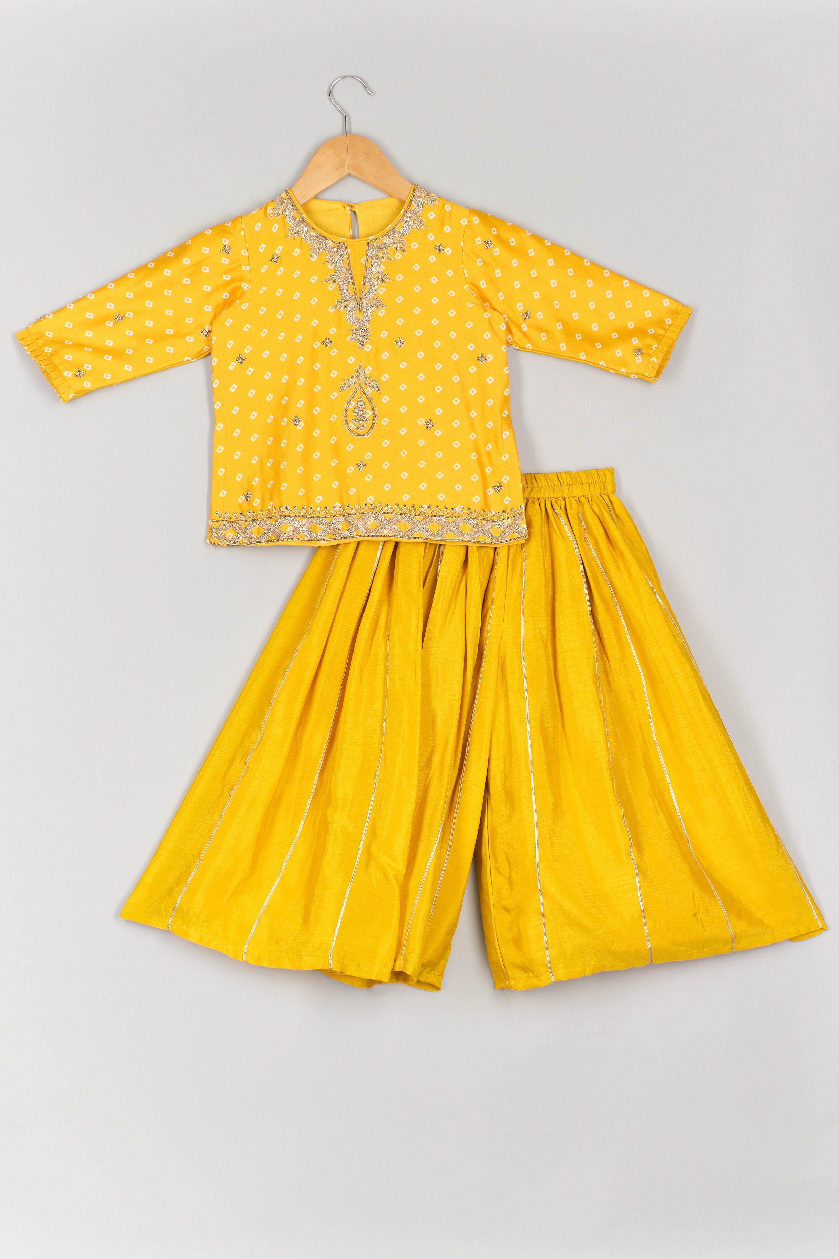 Yellow Zari Embroidered Bandhej Kurta And Gota Line Flare Pant