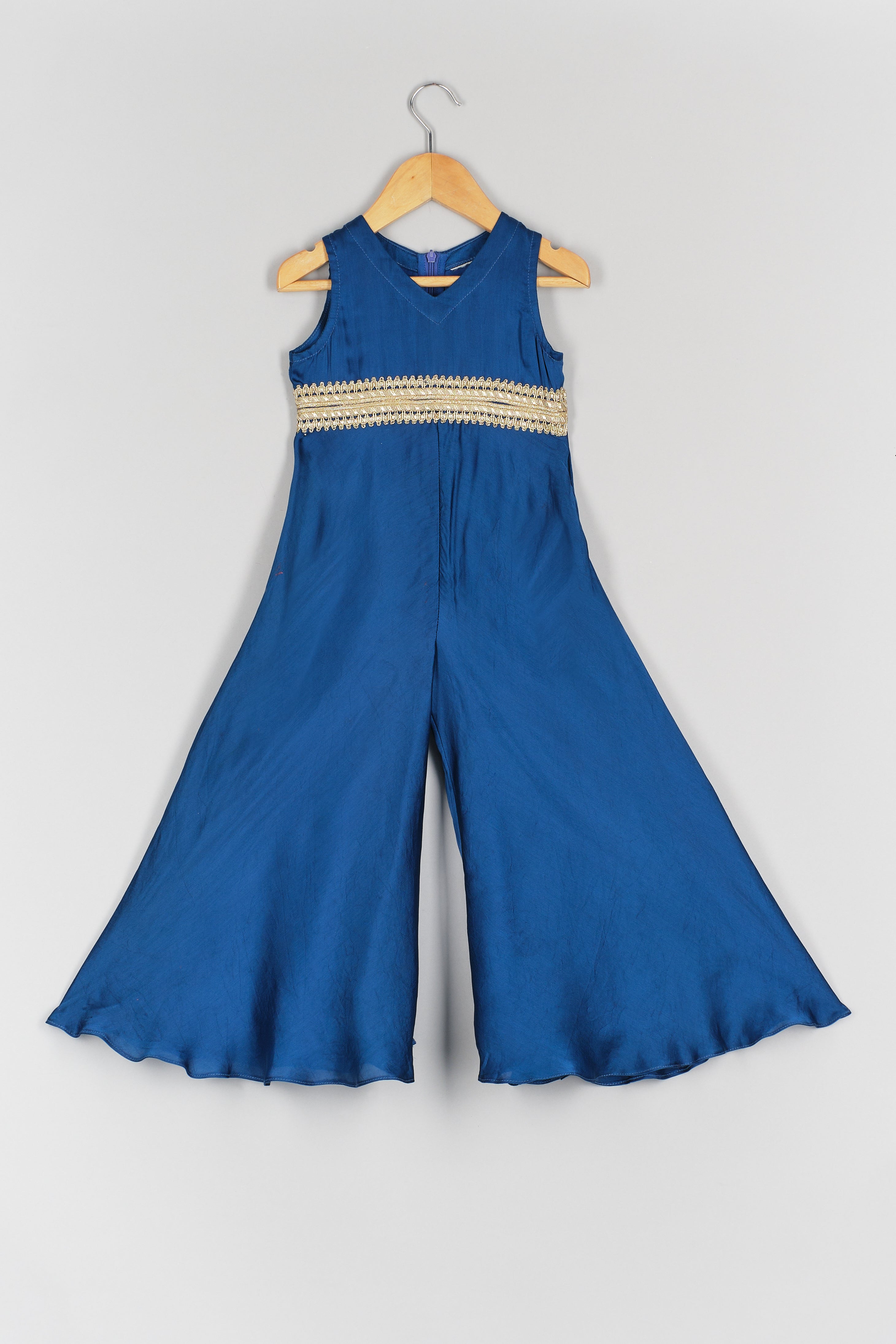 Blue Jumpsuit With Velvet Embroidered Jacket