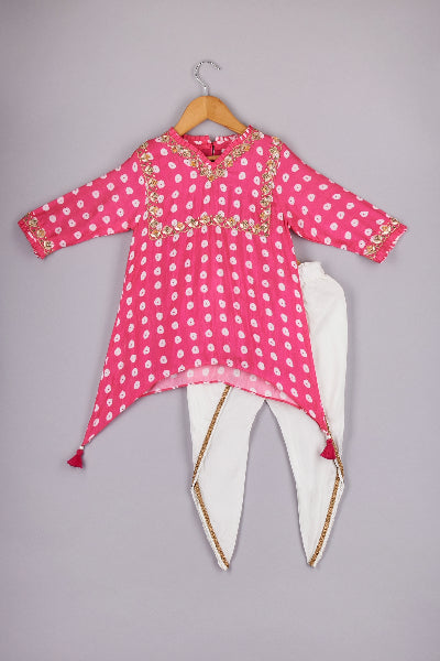 Hot Pink Asymmetric Bandhani Printed Kurti With Tulip Style Dhoti