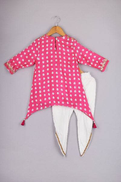 Hot Pink Asymmetric Bandhani Printed Kurti With Tulip Style Dhoti