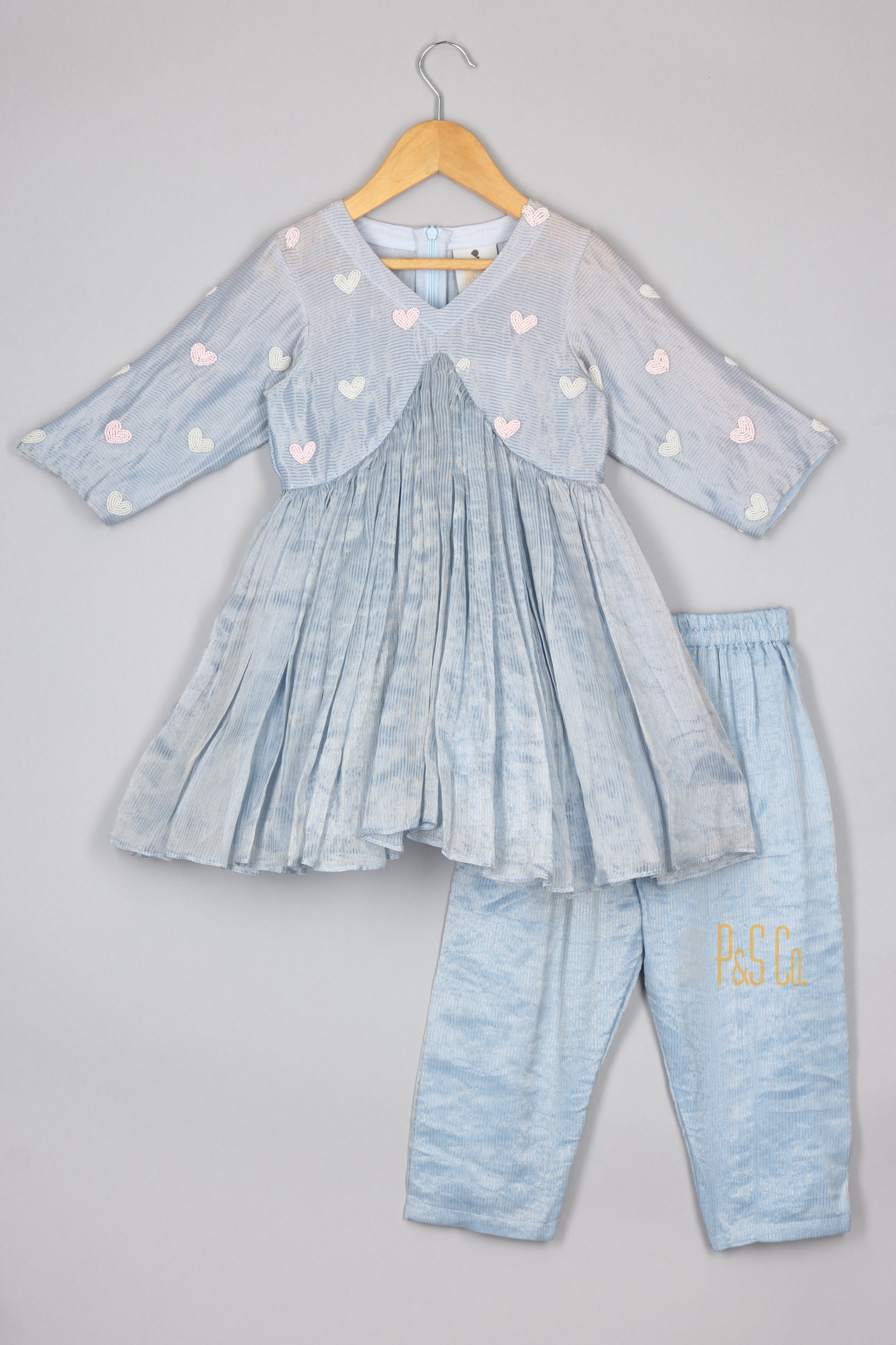 Powder Blue Heart GIrls Kurta and Pant