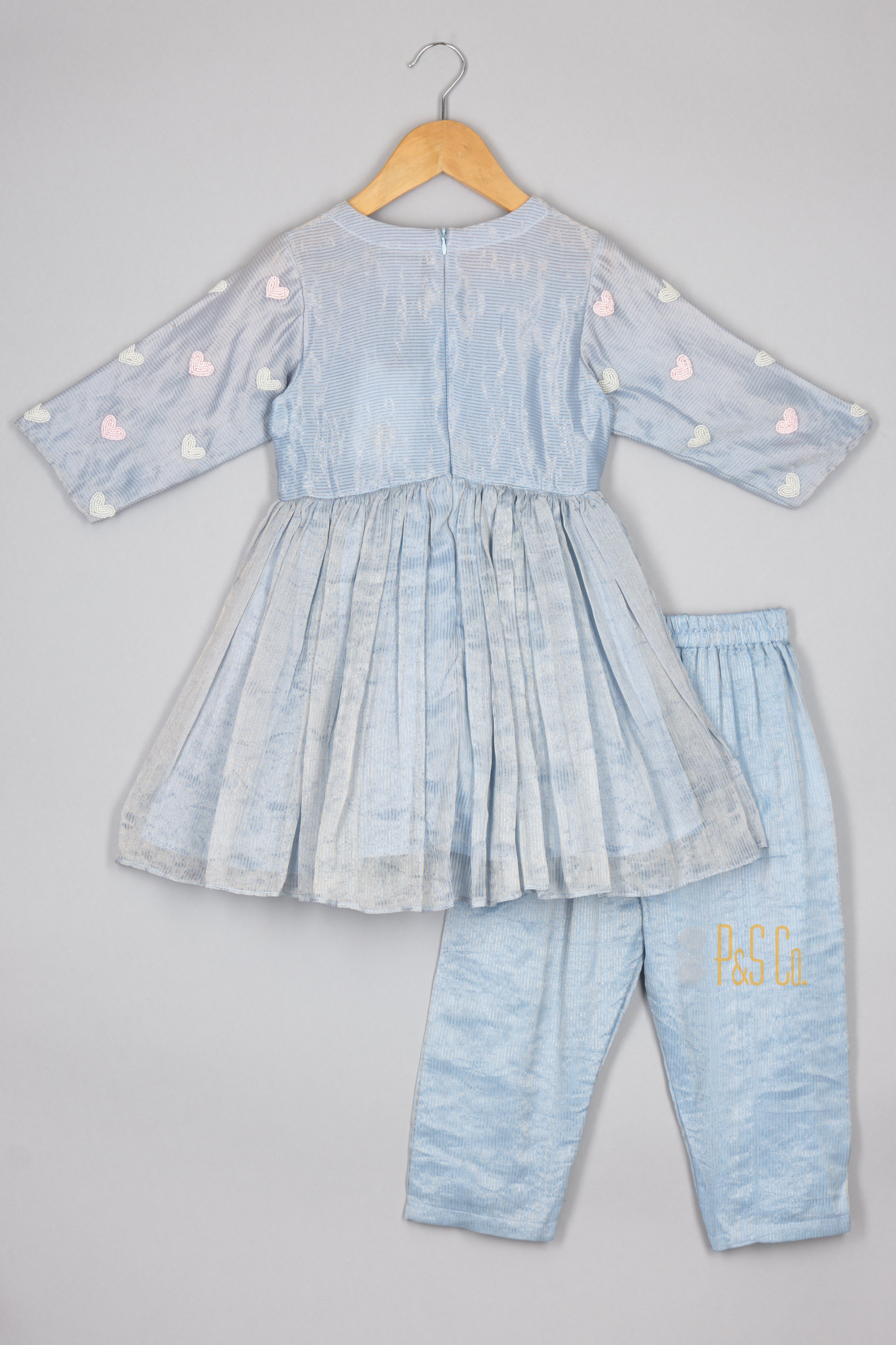 Powder Blue Heart GIrls Kurta and Pant