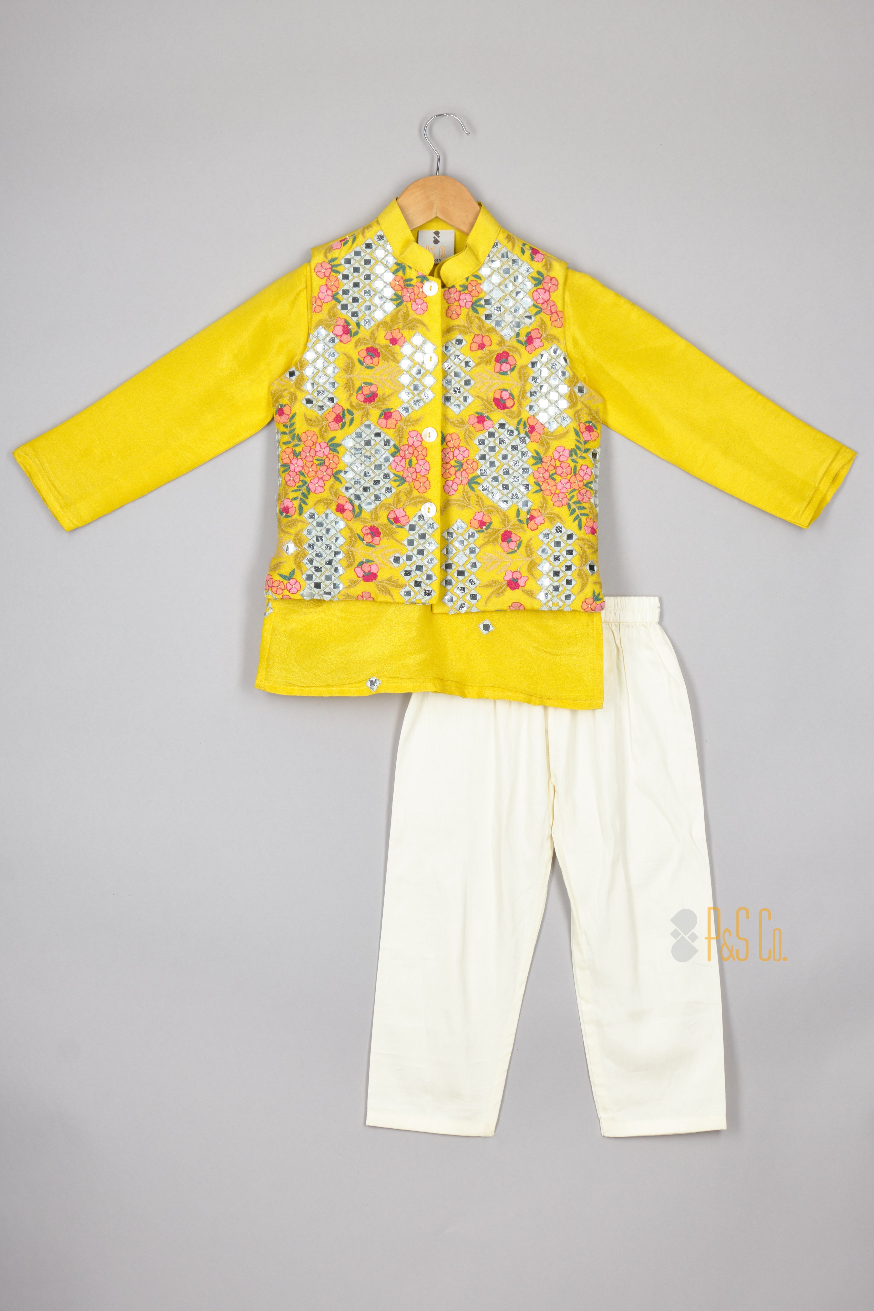 Yellow Faux Mirror Nehru Jacket Set