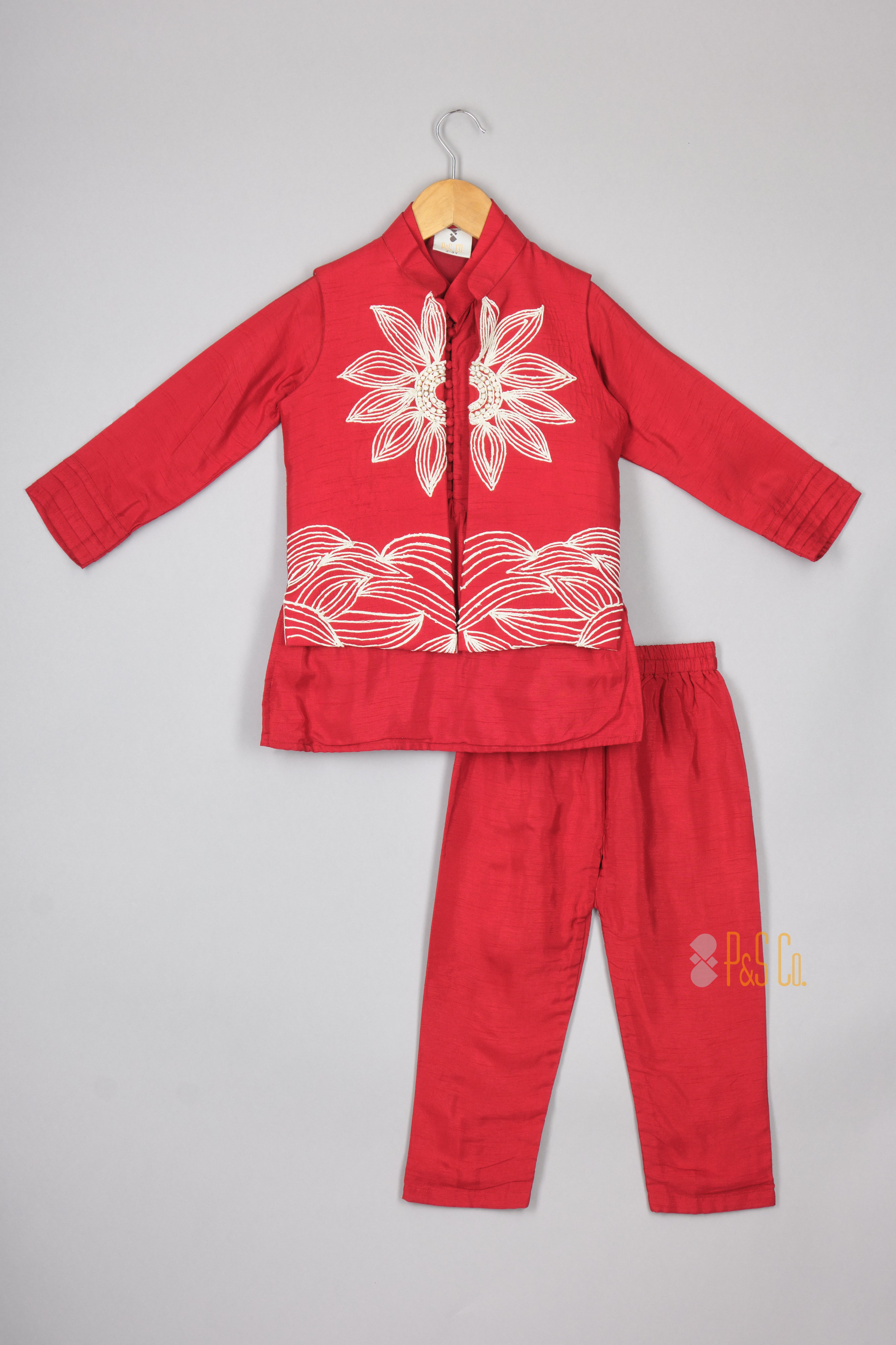 Kurta With Flower Embroidered Open Jacket With Pyjama