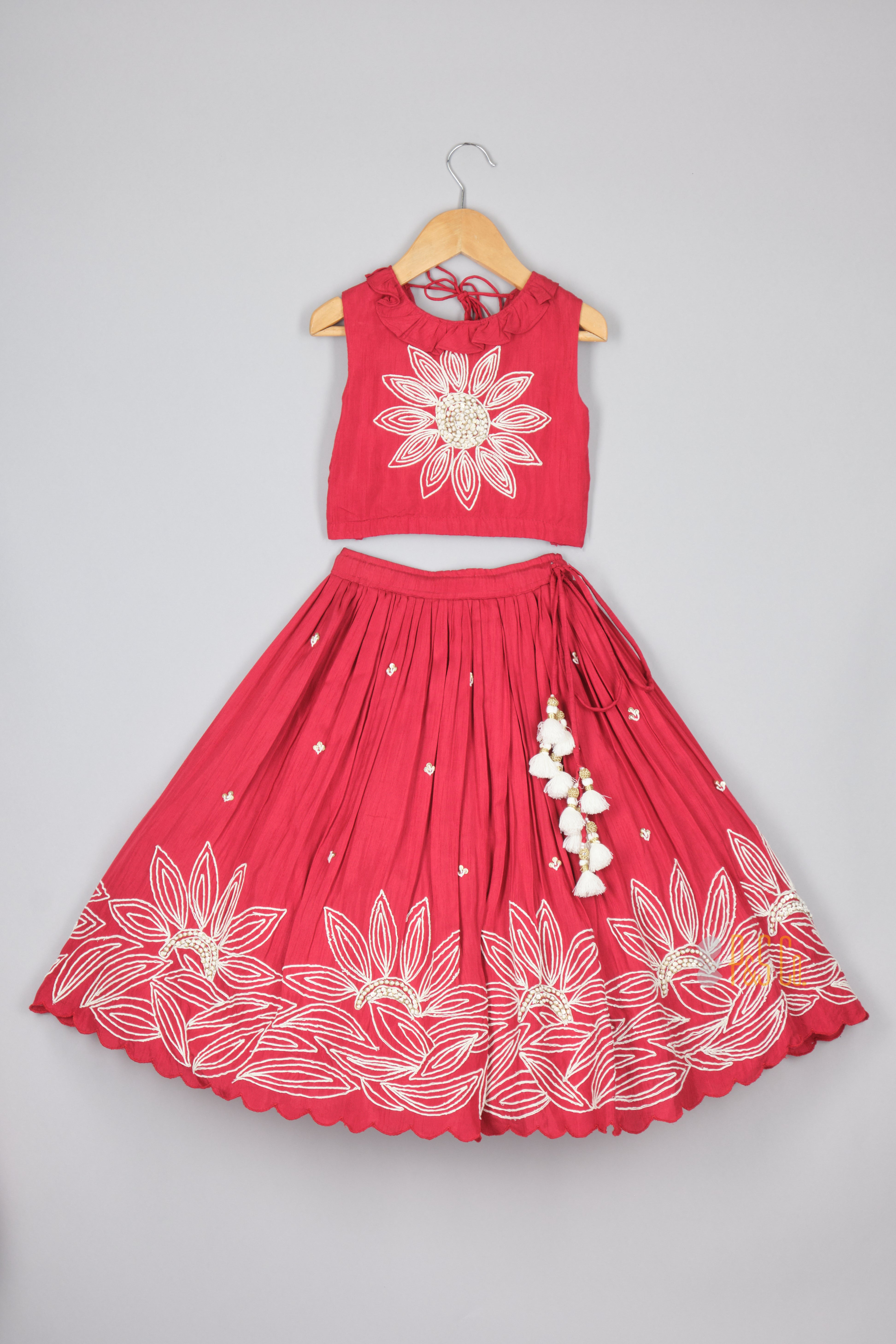 Ruffle Neckline Red Top And Lehenga