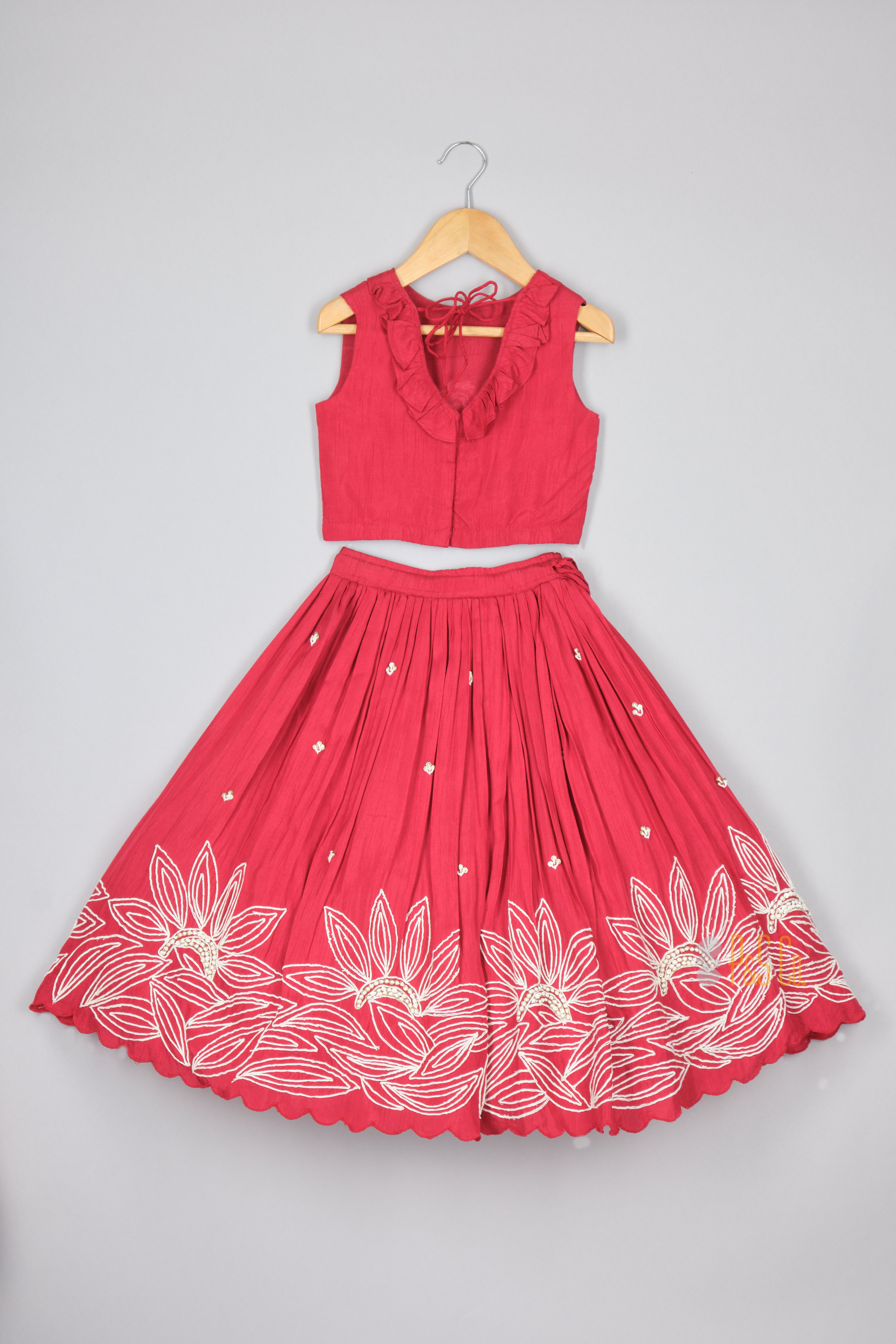 Ruffle Neckline Red Top And Lehenga
