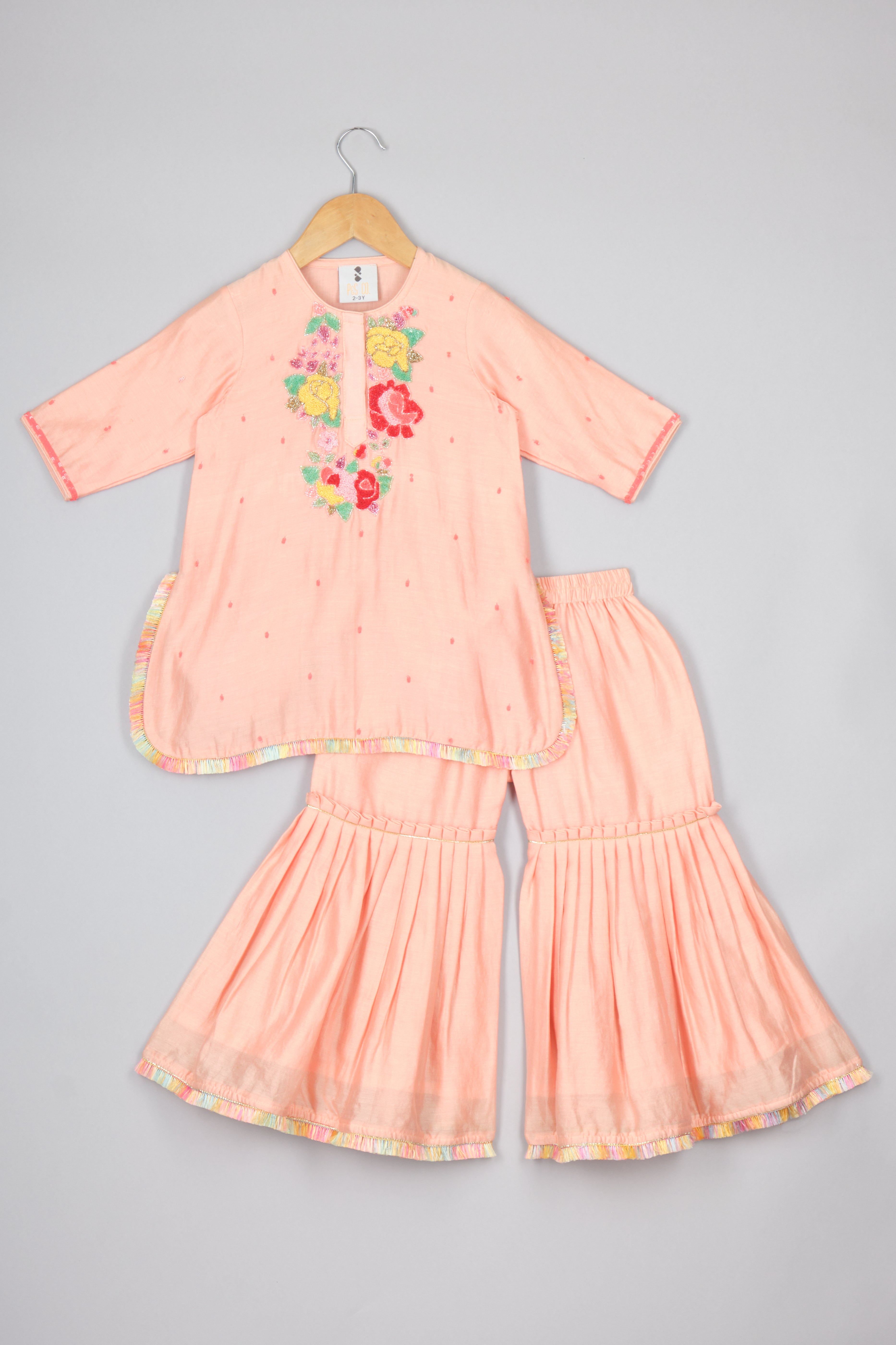 Peach Fringed Hem Kurti And Pleated Sharara