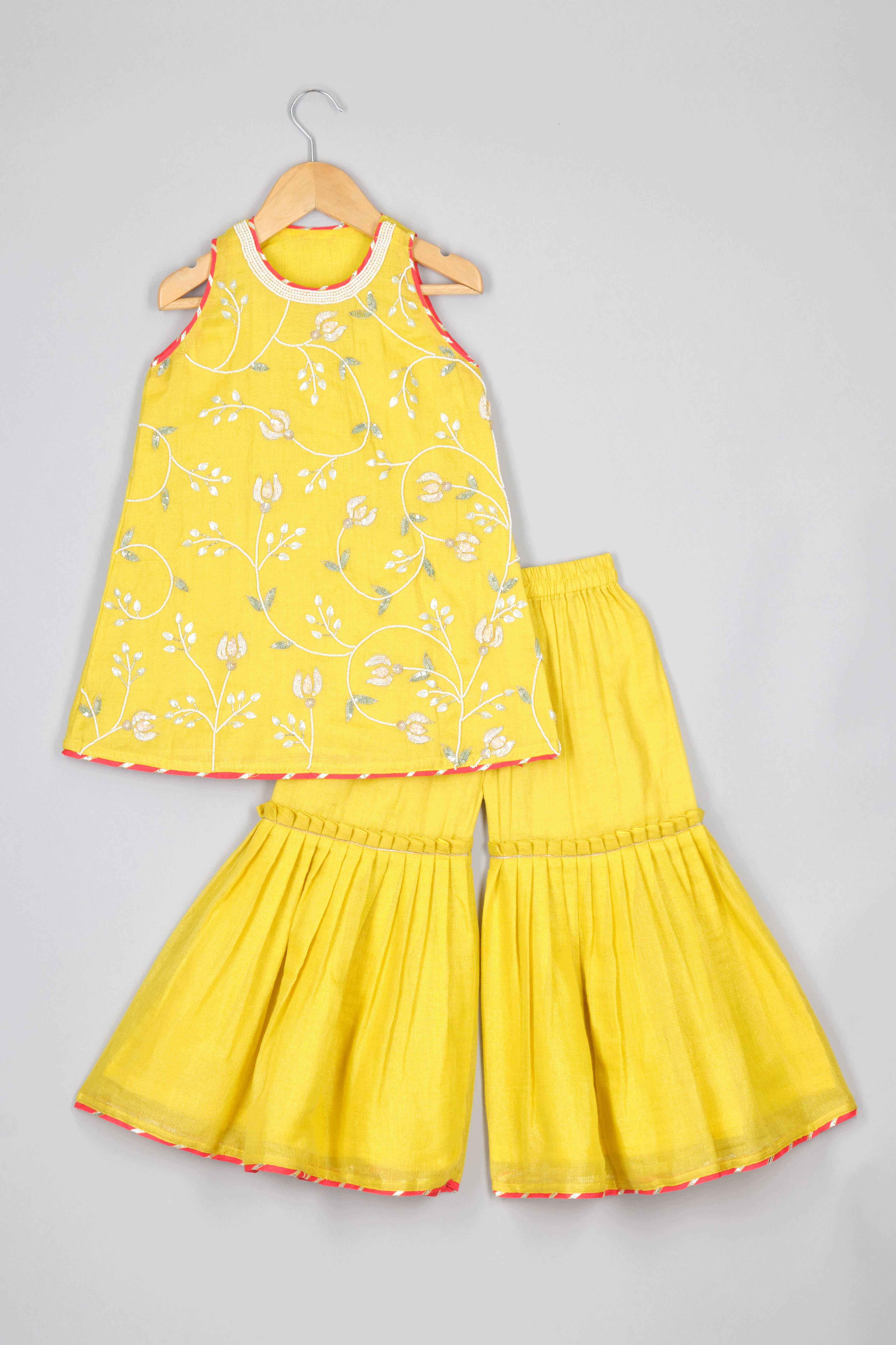 Beads And Sequins Embroidered Yellow Kurti With Sharara