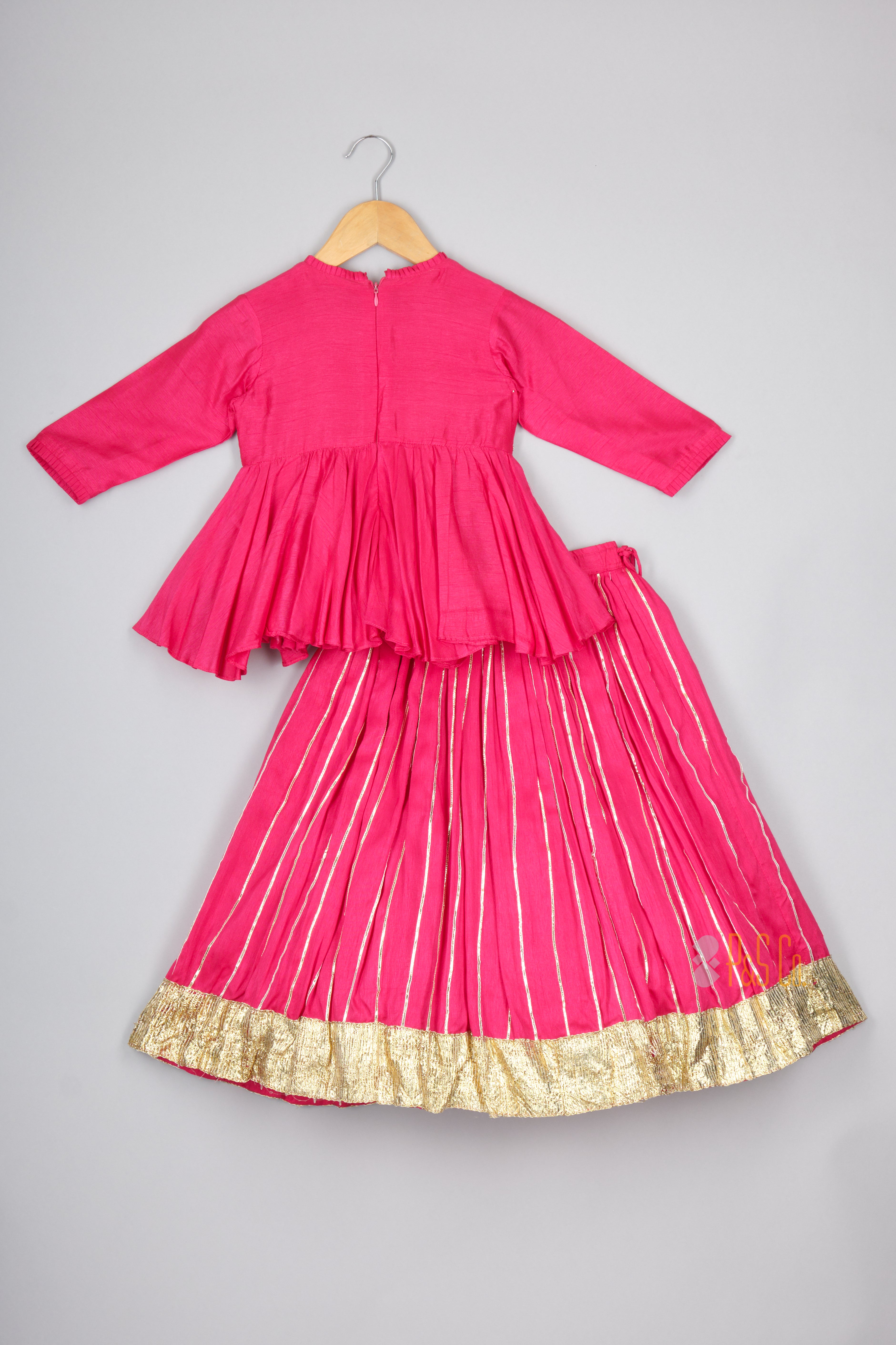 Hot Pink Heavy Embroidered Peplum And Gota Line Ghagara