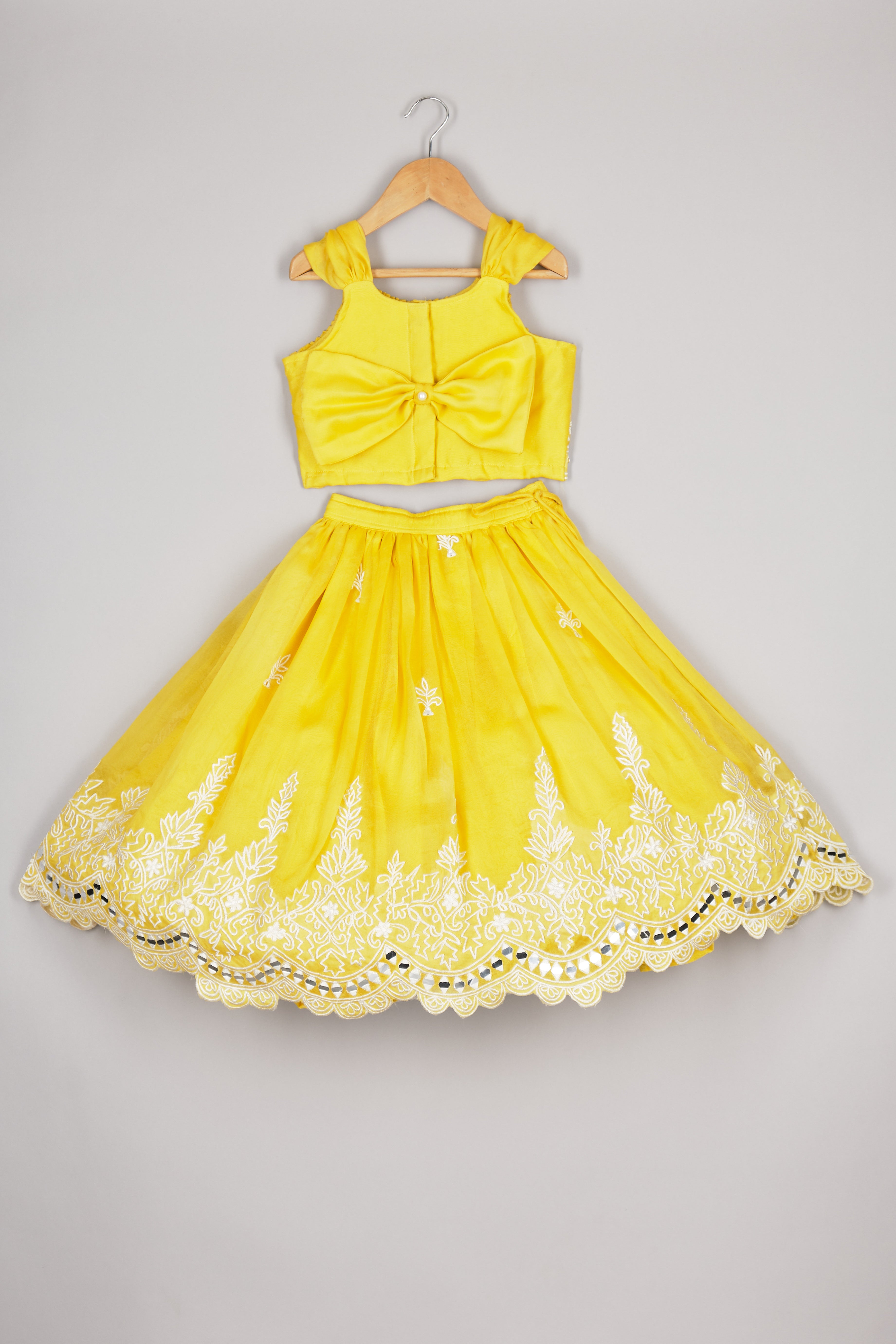 Yellow Organza Thread Work And Mirror Ghagara And Top