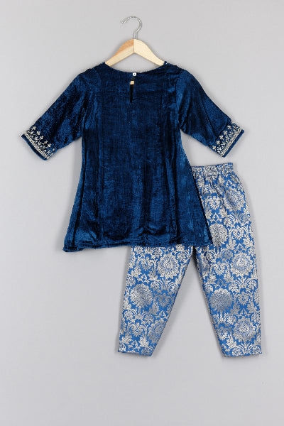 Blue Velvet Kurta And Brocade  Pant