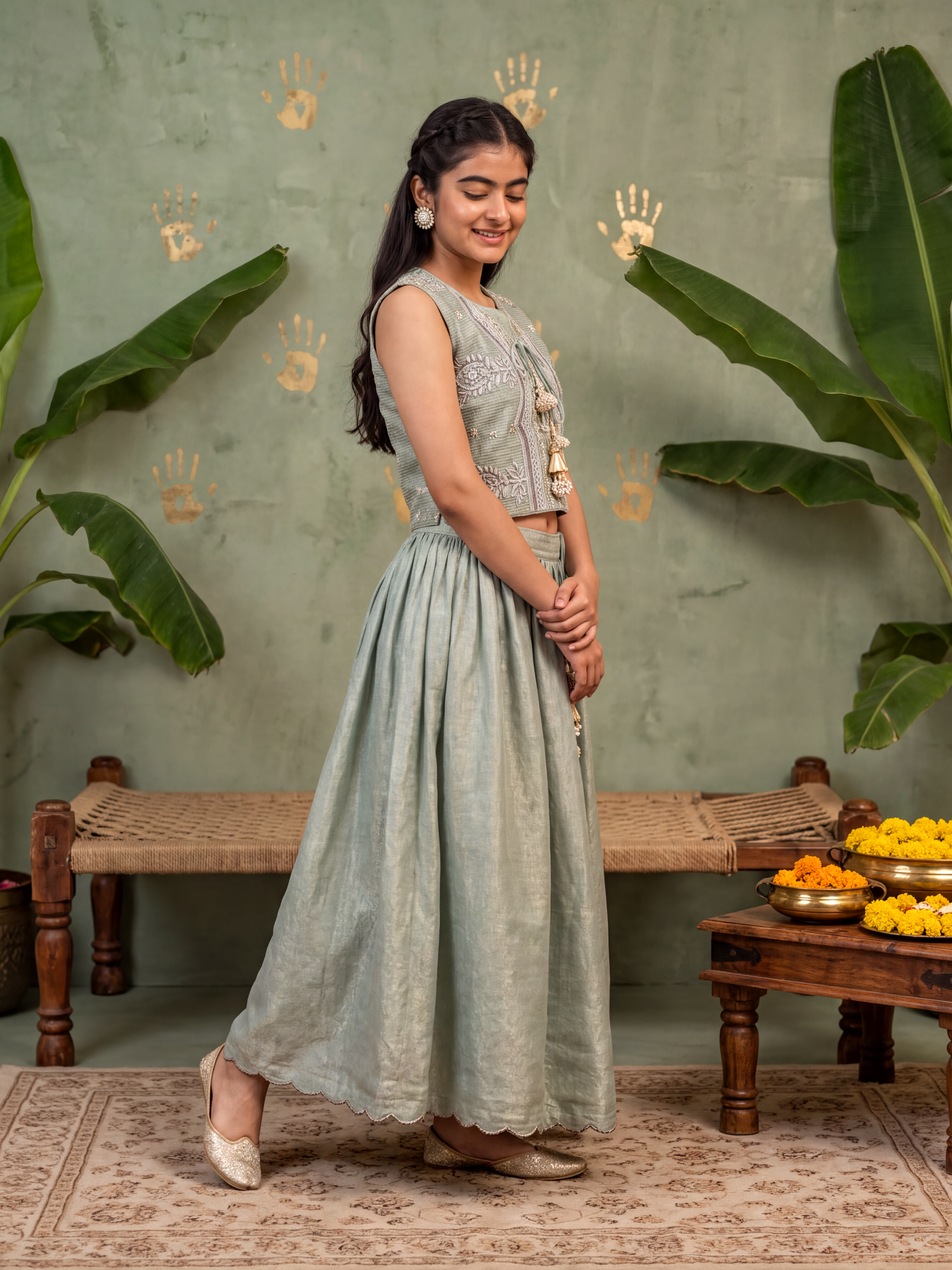 Sage green Tissue Lehenga