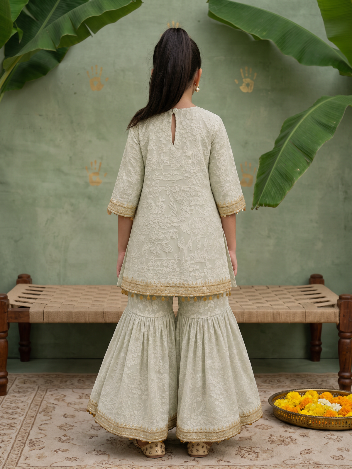 Baby Mint Green Lakhnavi Kurta Set