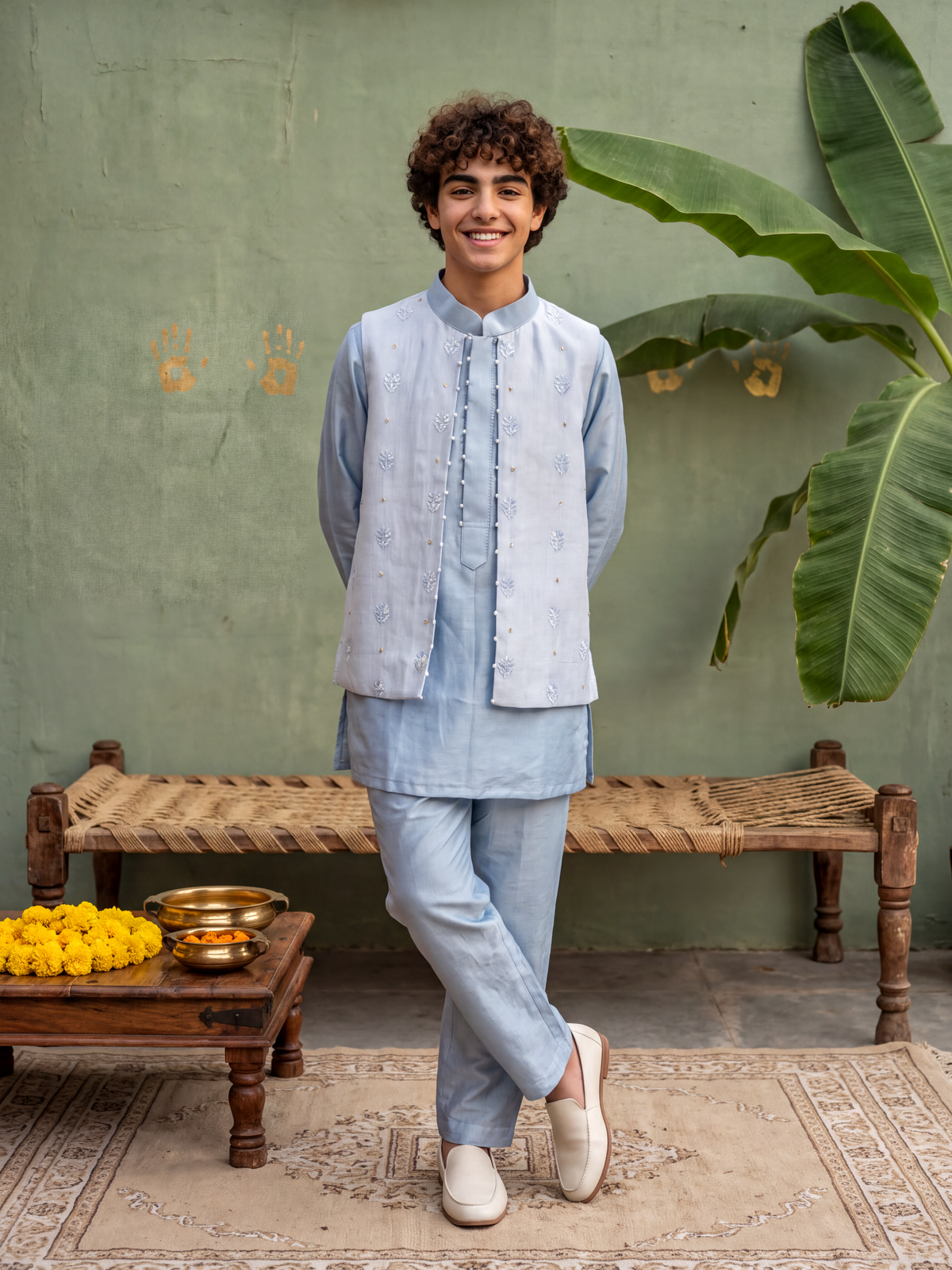 Teen Blue Lakhnavi Attached Jacket Set