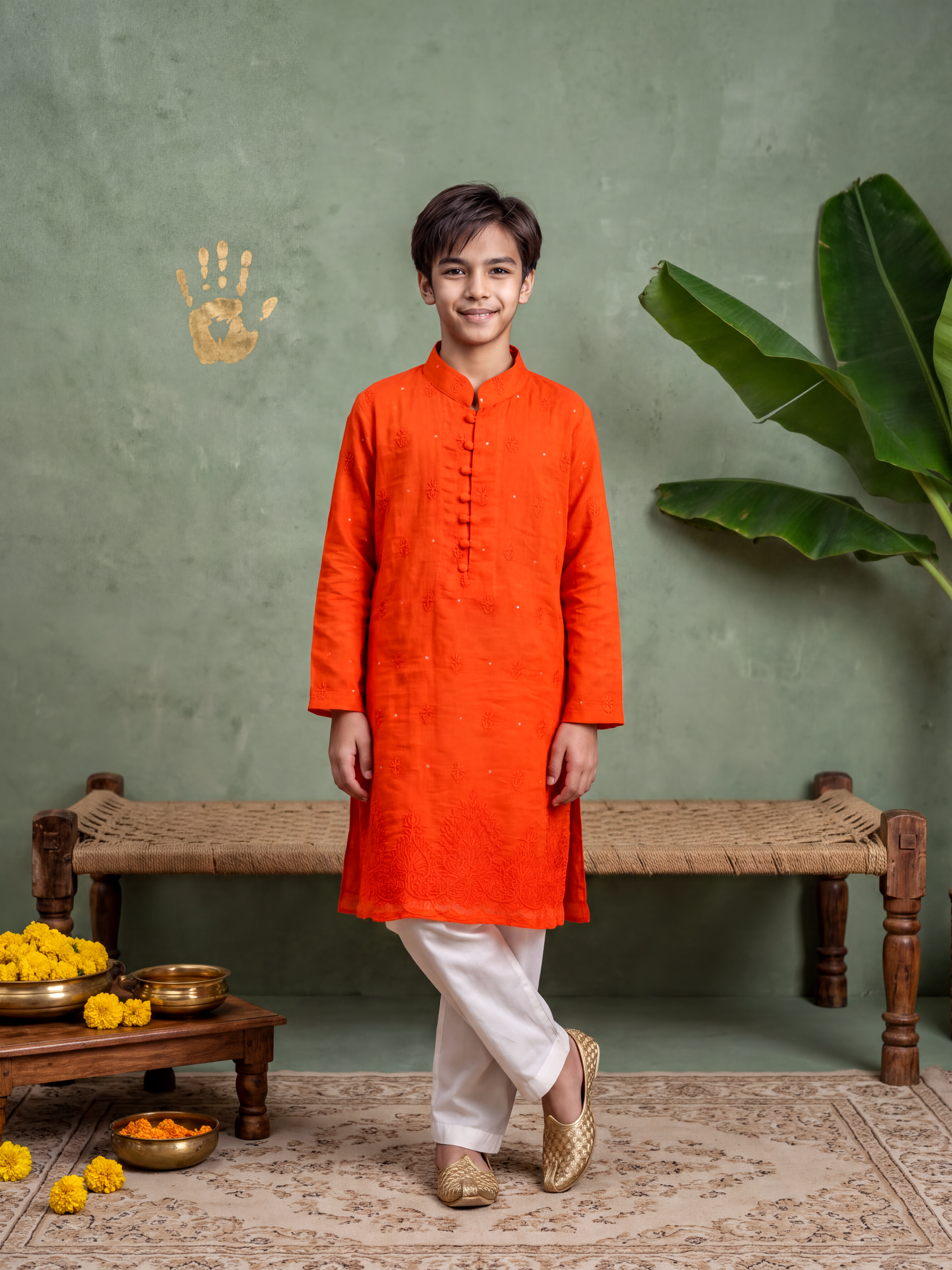 Teen Orange Lakhnavi Kurta